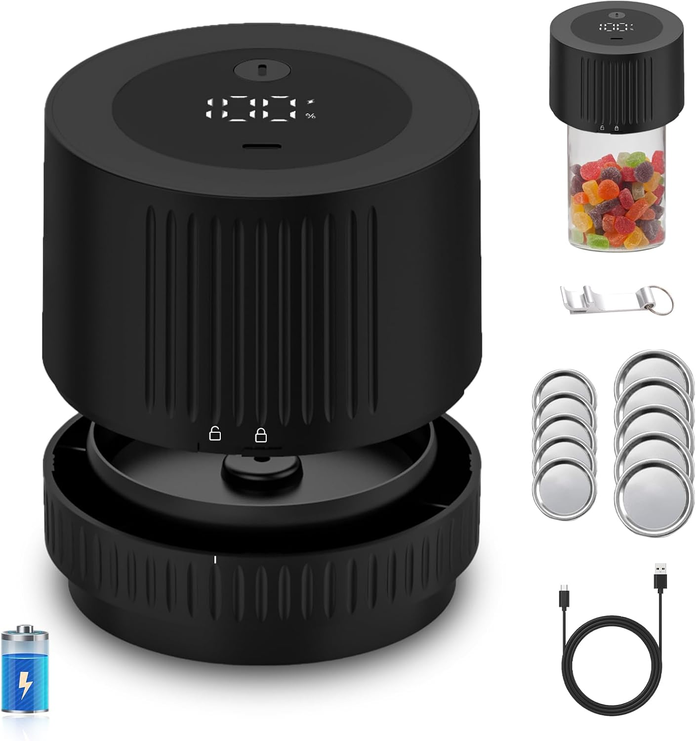 Electric Mason Jar Vacuum Sealer Kit 2000mAh Rechargeable 350 Seals Per Charge