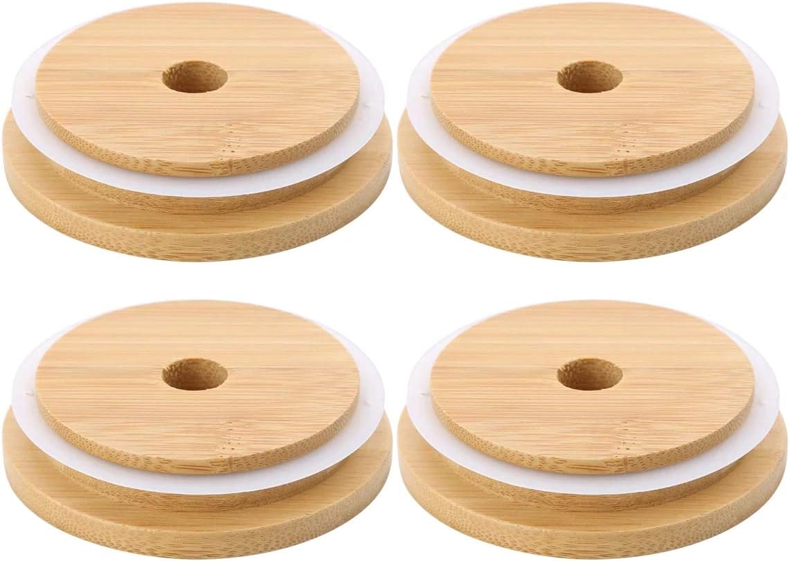 TOUSHI 4Pcs Bamboo Mason Jar Lids with Straw Hole Reusable Leak-Proof Caps