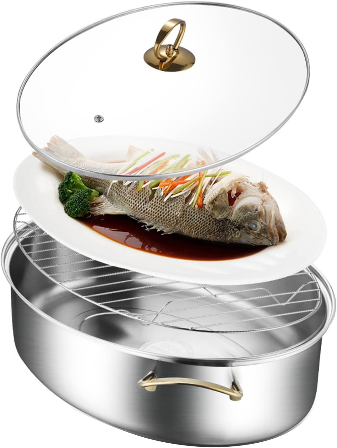 SVRITE Stainless Steel Fish Steamer Oval Pasta Pot Braiser