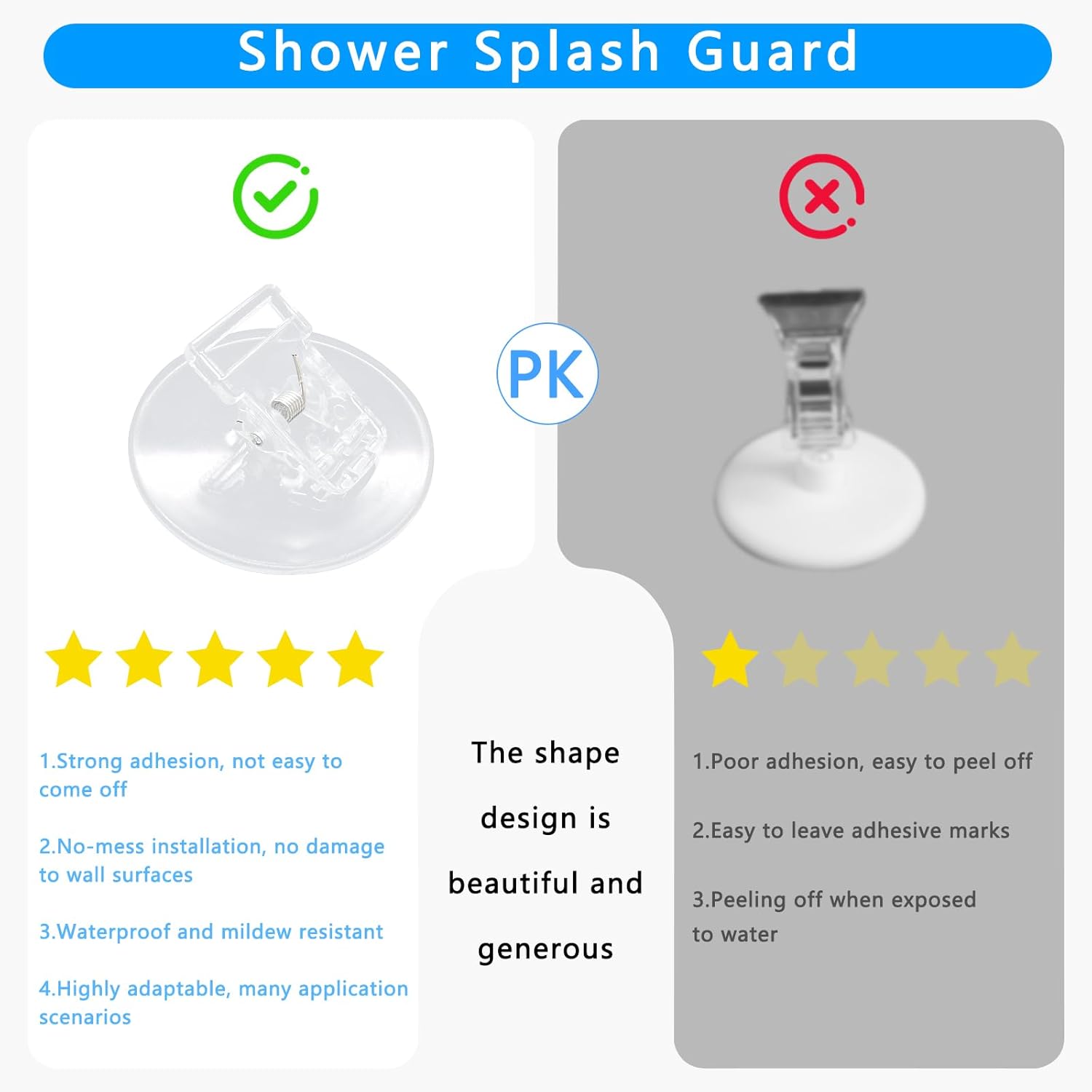 4 Pack Clear Shower Curtain Clips with Self Adhesive Windproof Splash Guard