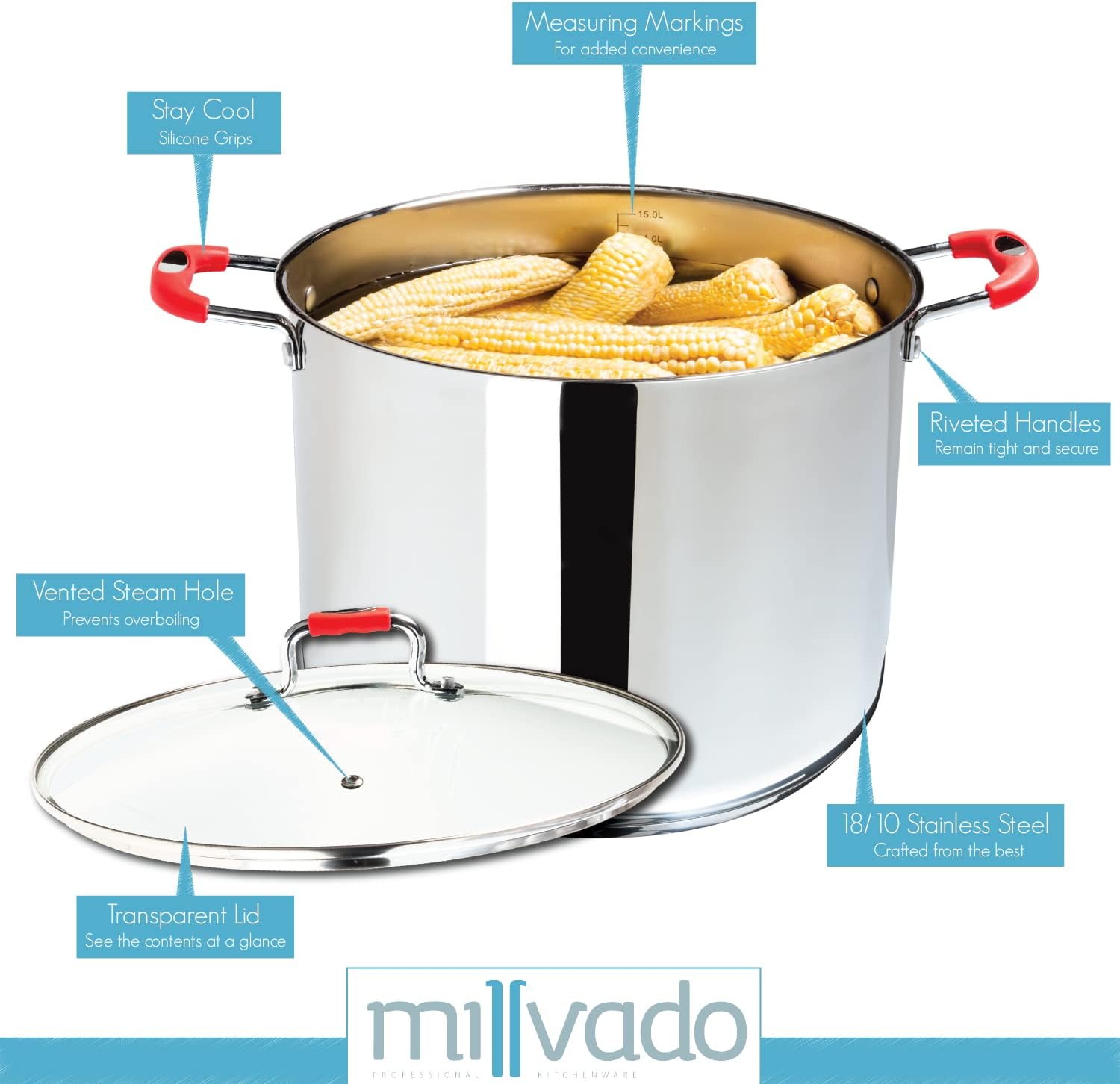 Millvado 11 Quart Stainless Steel Stock Pot with Glass Lid and Handle Safety