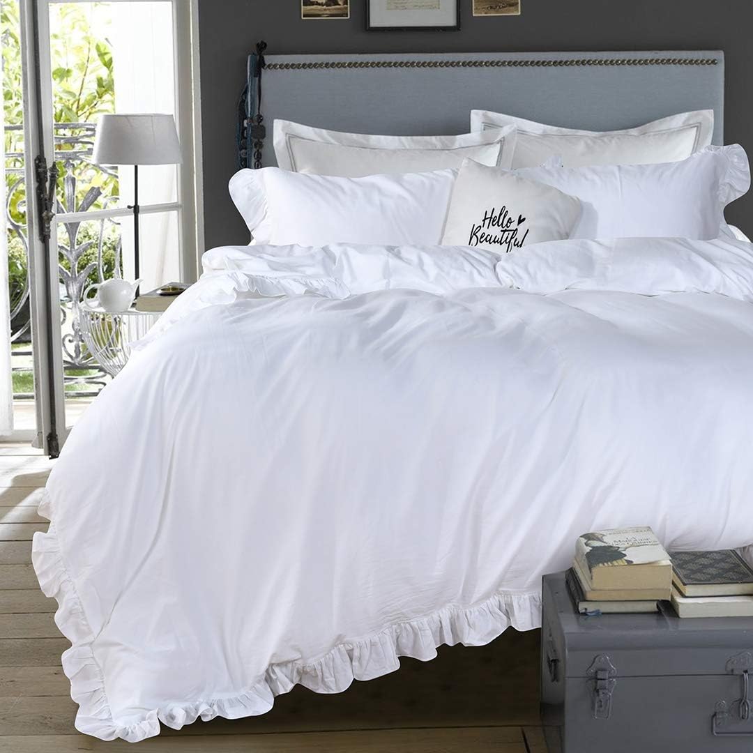 QSH White Ruffle Twin Duvet Cover Set