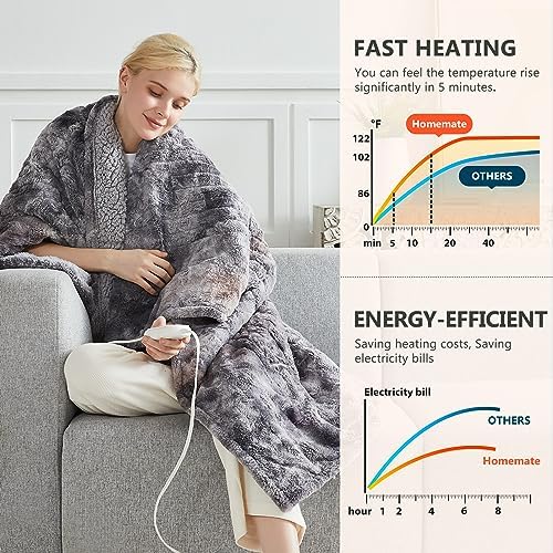 Homemate Heated Blanket Electric Throw 50x60 10 Heat Levels Auto-Off ETL Certified