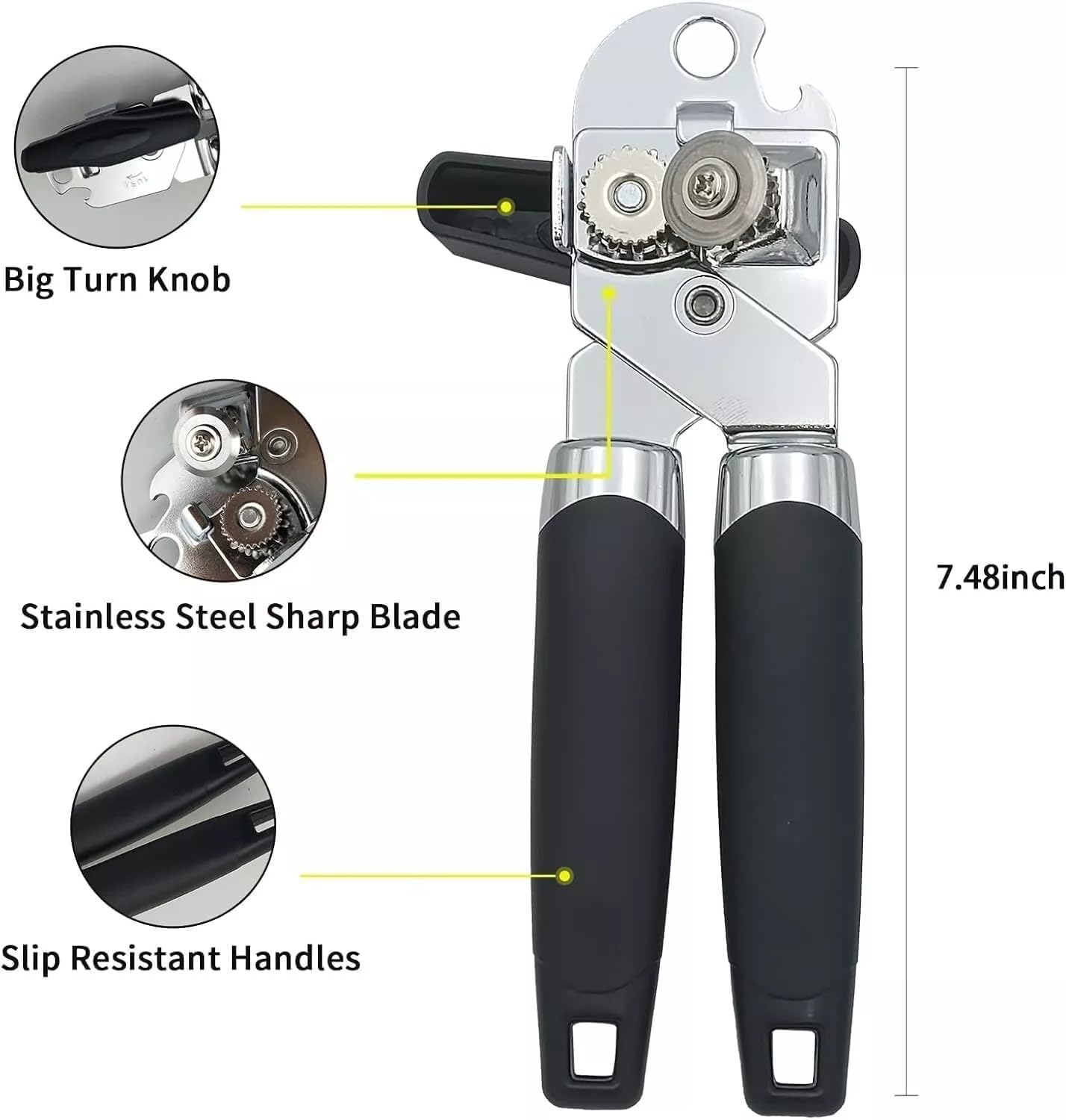 Manual Can Opener with Smooth Edge Blade and Bottle Opener Black 1
