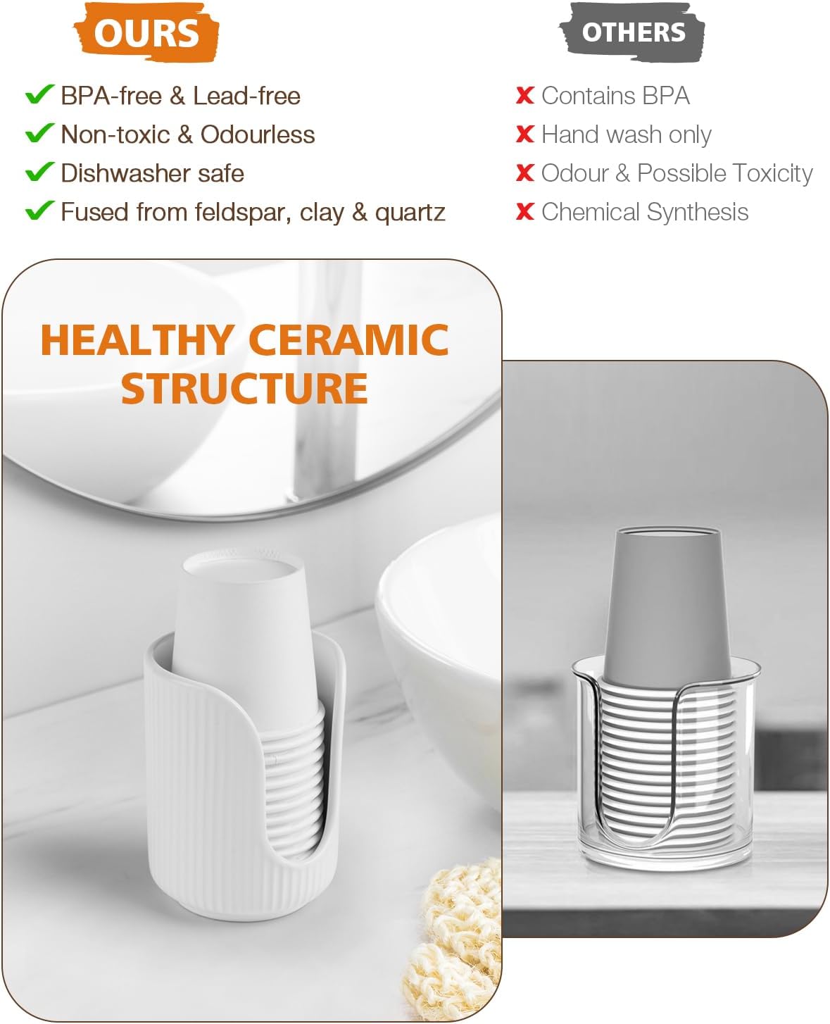 Elegant Striped Ceramic Cup Dispenser for Vanity Countertop