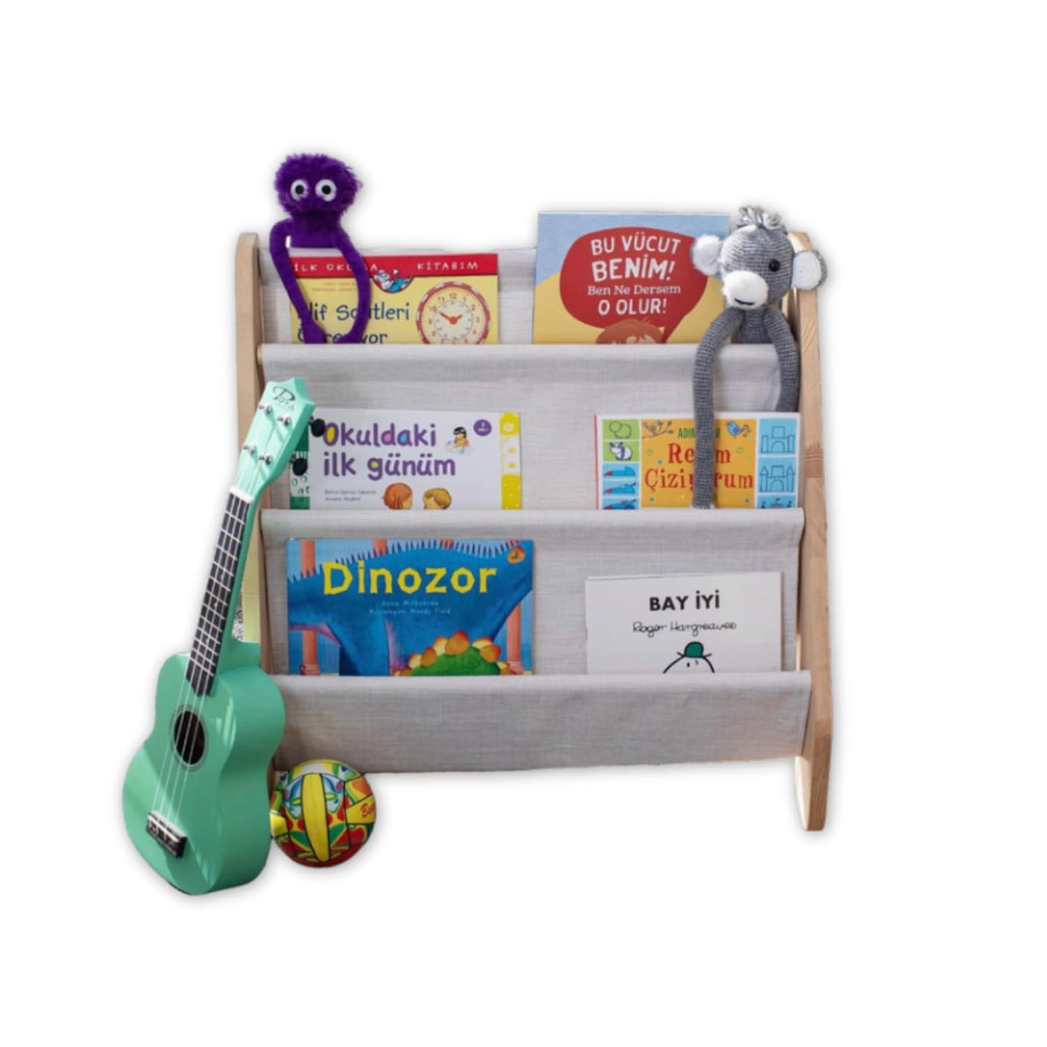 Montessori Bookshelf with Linen Fabric Hanger - 4 Tier Kids Storage Unit