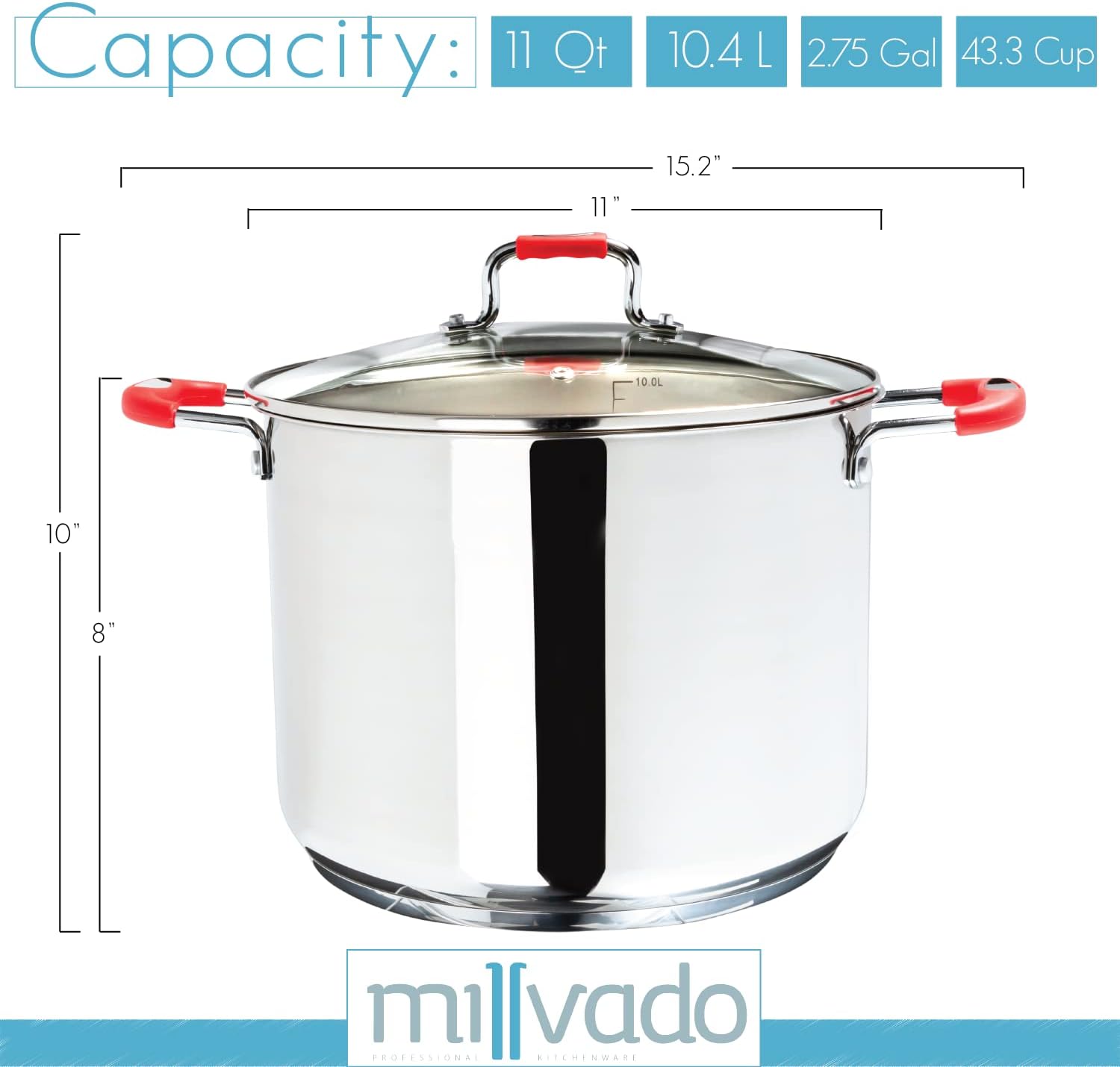 Millvado 11 Quart Stainless Steel Stock Pot with Glass Lid and Handle Safety