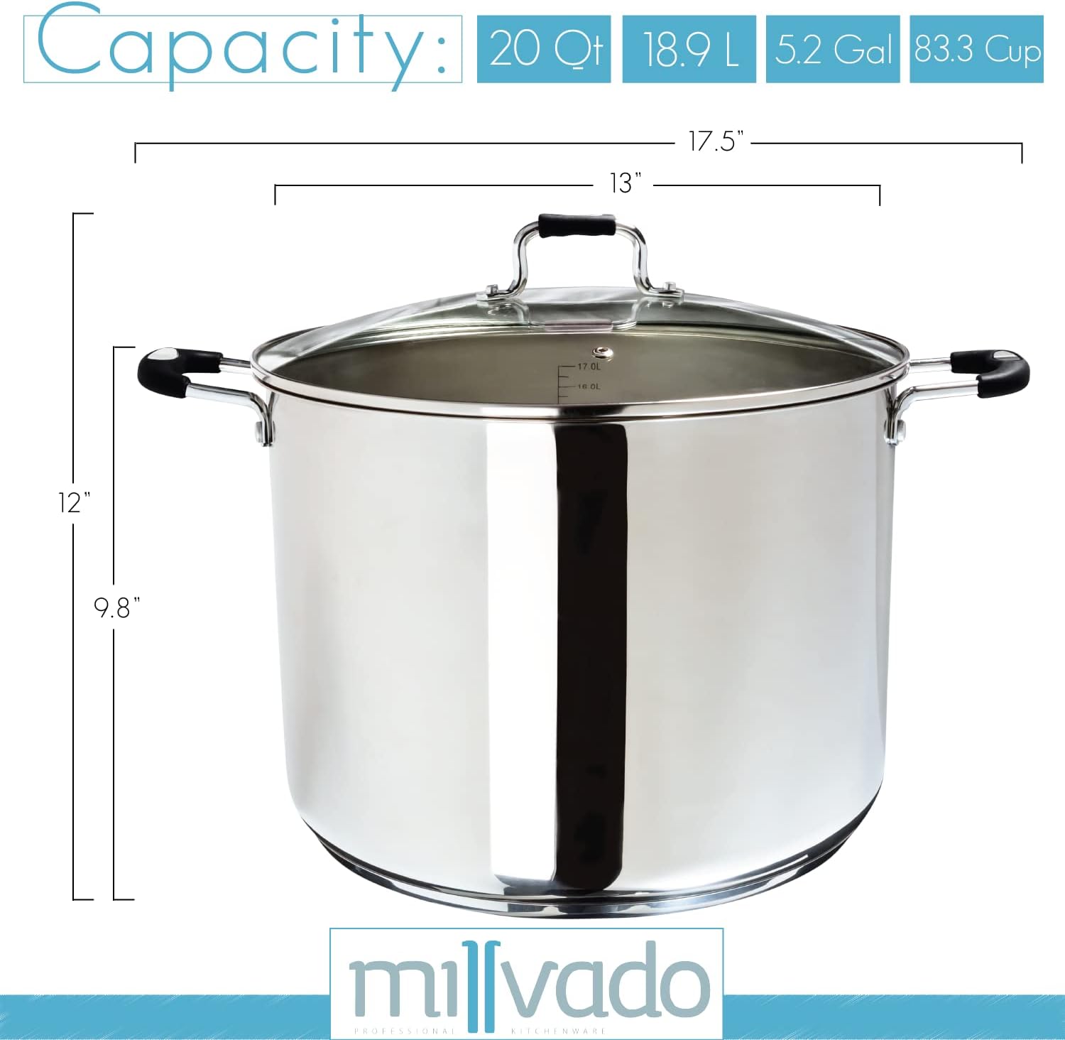 Millvado 20 Quart Stainless Steel Stock Pot with Clear Lid and Steam Hole