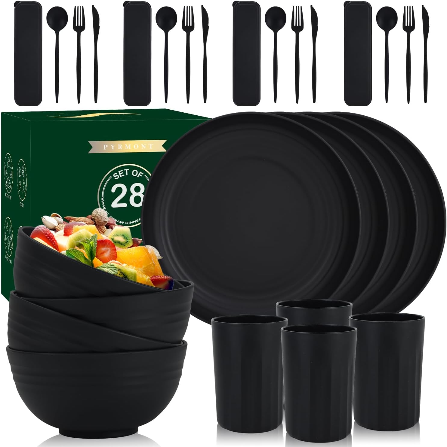 PYRMONT 28-Piece Wheat Straw Dinnerware Set for 4 Black