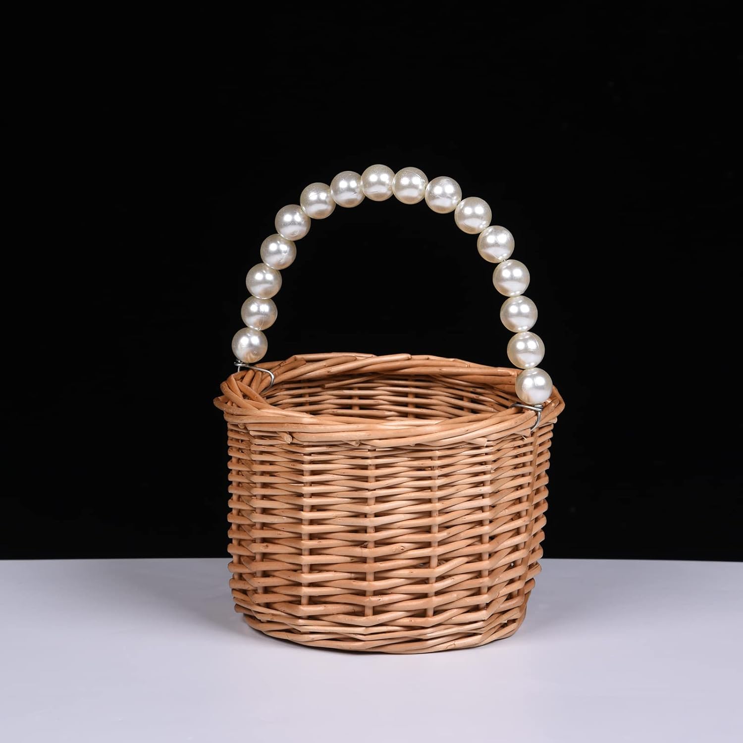 Wicker Rattan Flower Girl Basket with Pearl Handle