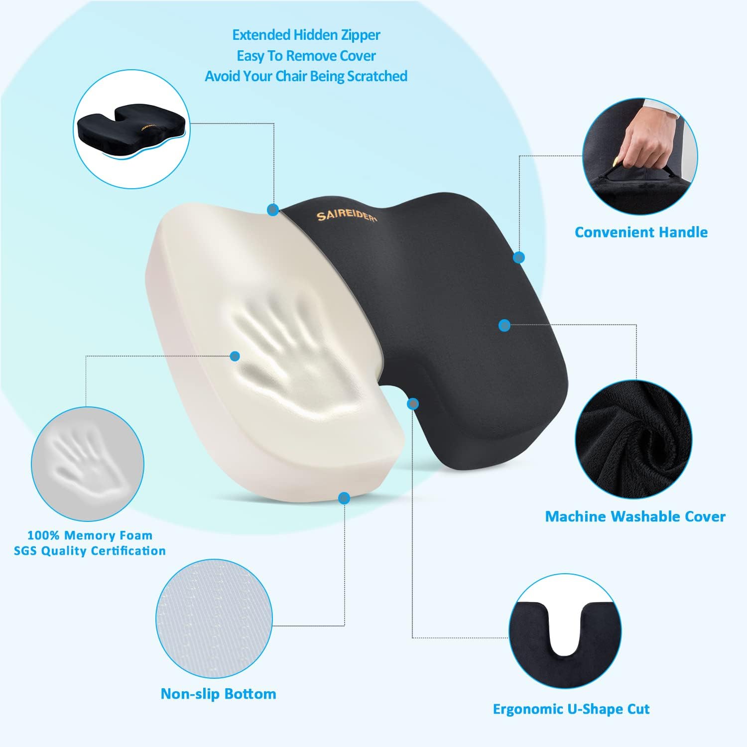 SAIREIDER Seat Cushion and Lumbar Support Pillow for Office Chair