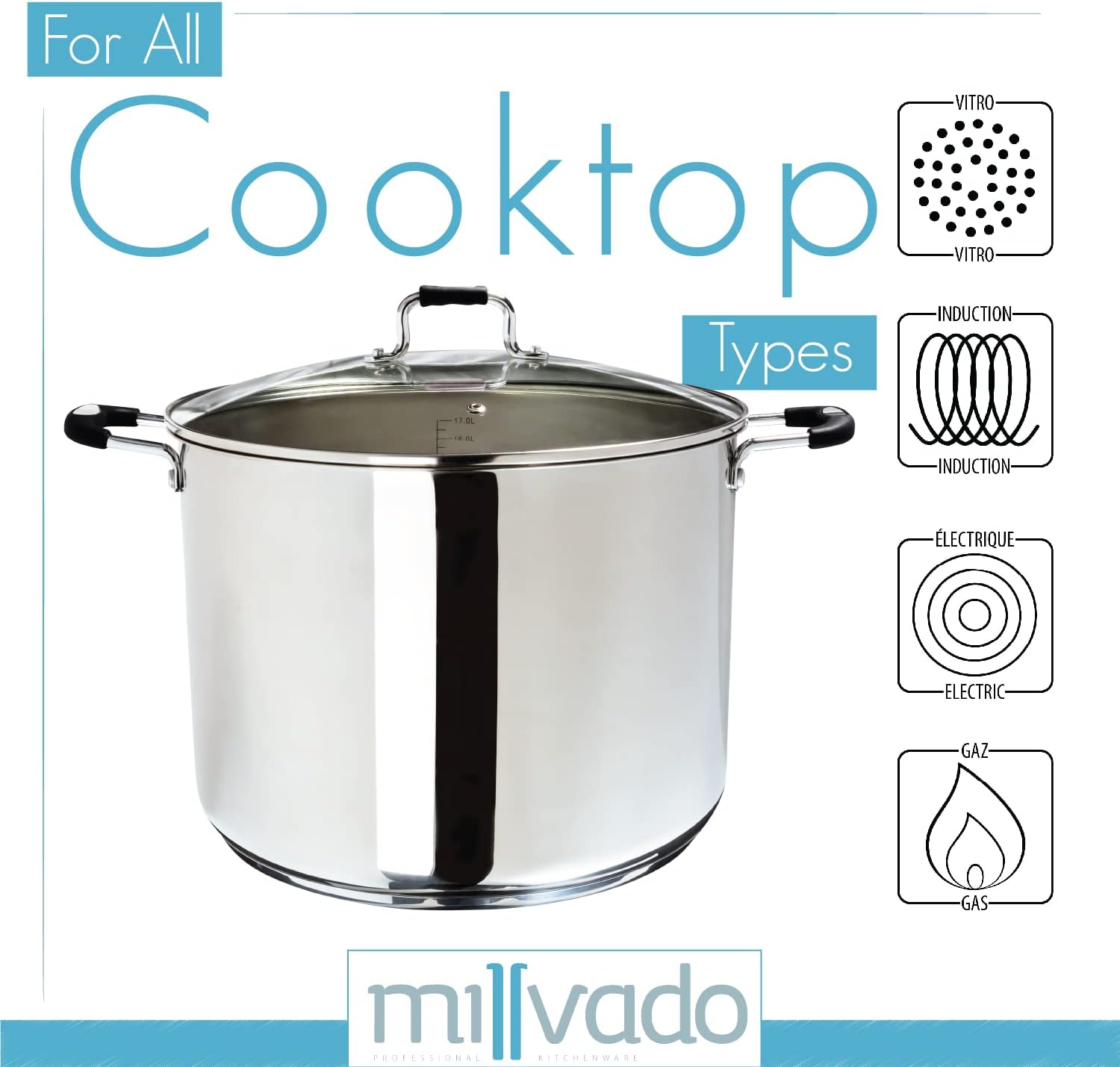 Millvado 20 Quart Stainless Steel Stock Pot with Clear Lid and Steam Hole