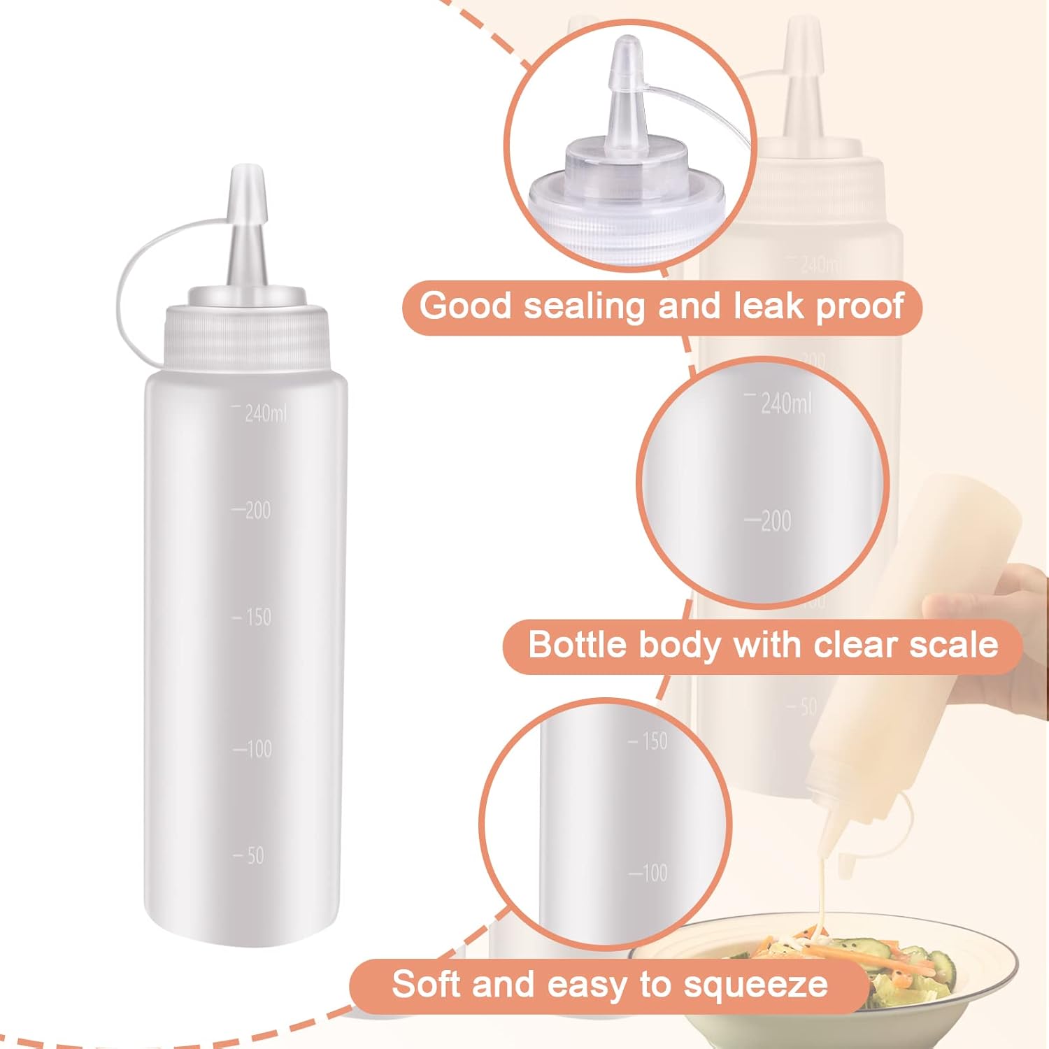6 Pcs 8 Oz Condiment Squeeze Bottles with Twist Caps and Measurement