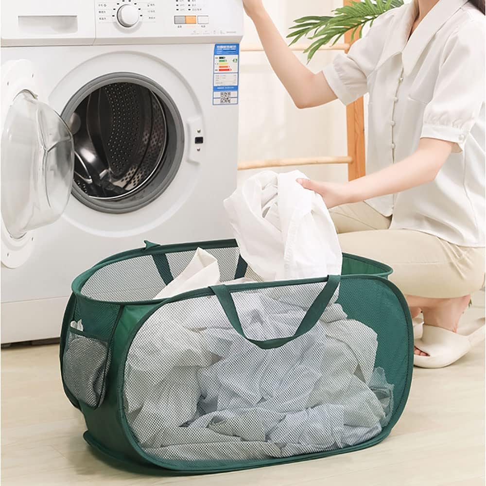 4Pcs Beige Canvas Laundry Hamper Foldable Pop-Up Mesh Basket