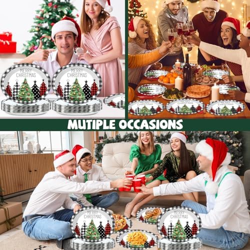 CHUNNIN 50Pcs Christmas Tree Plaid Paper Plates