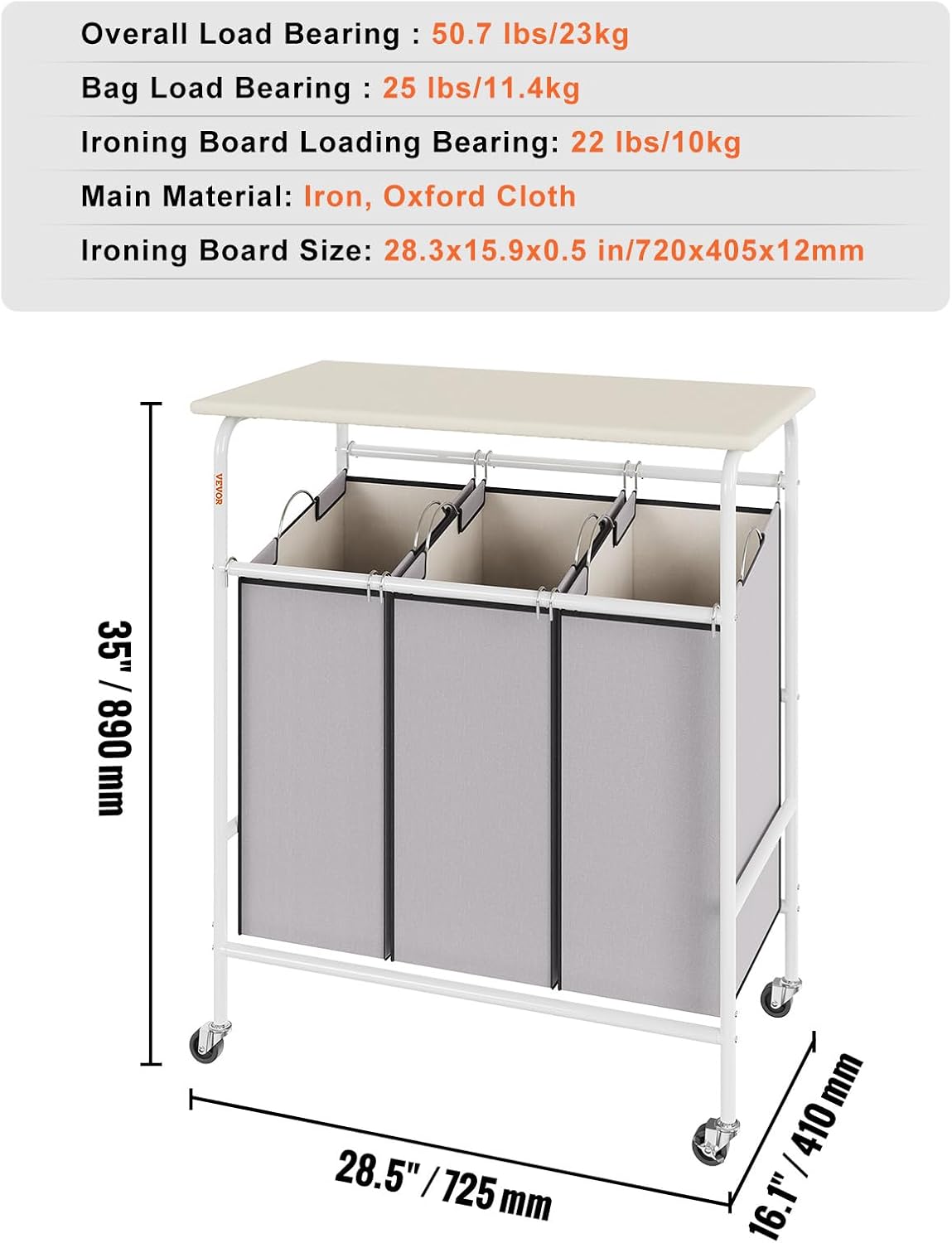 VEVOR 3-Section Laundry Sorter Cart with Ironing Board