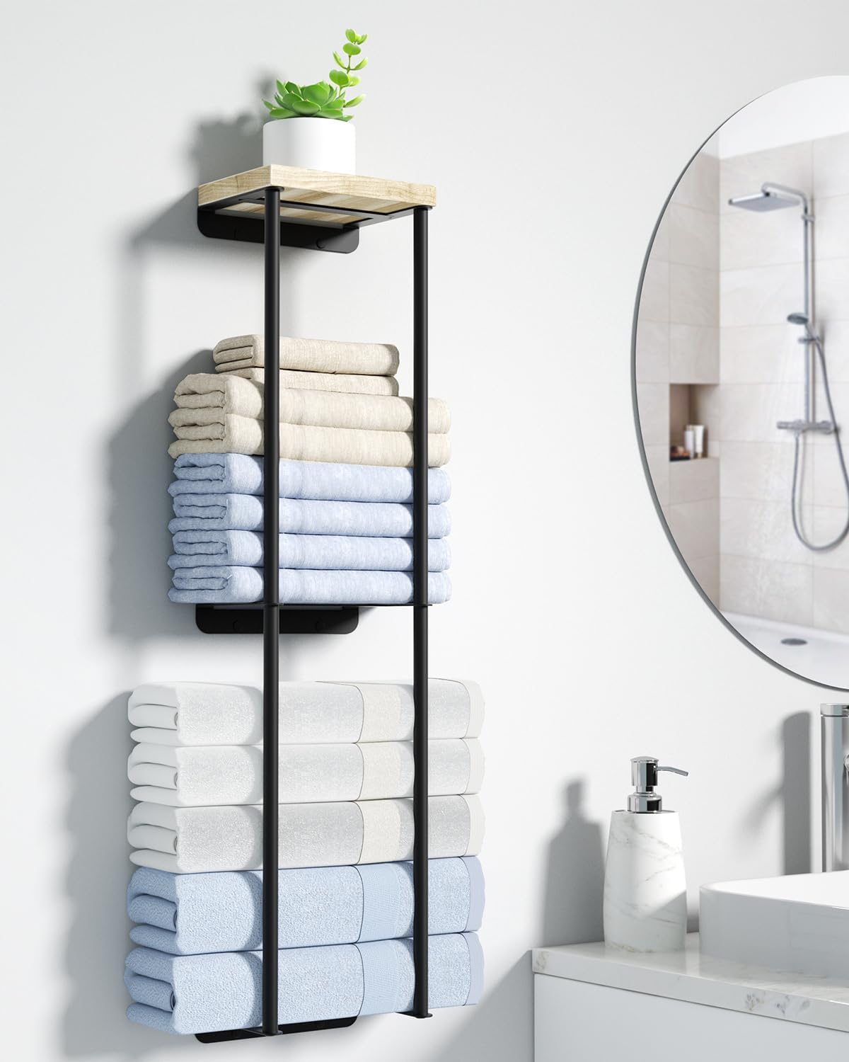 Anfeichen 2 Tier Towel Rack with Wood Shelf Black