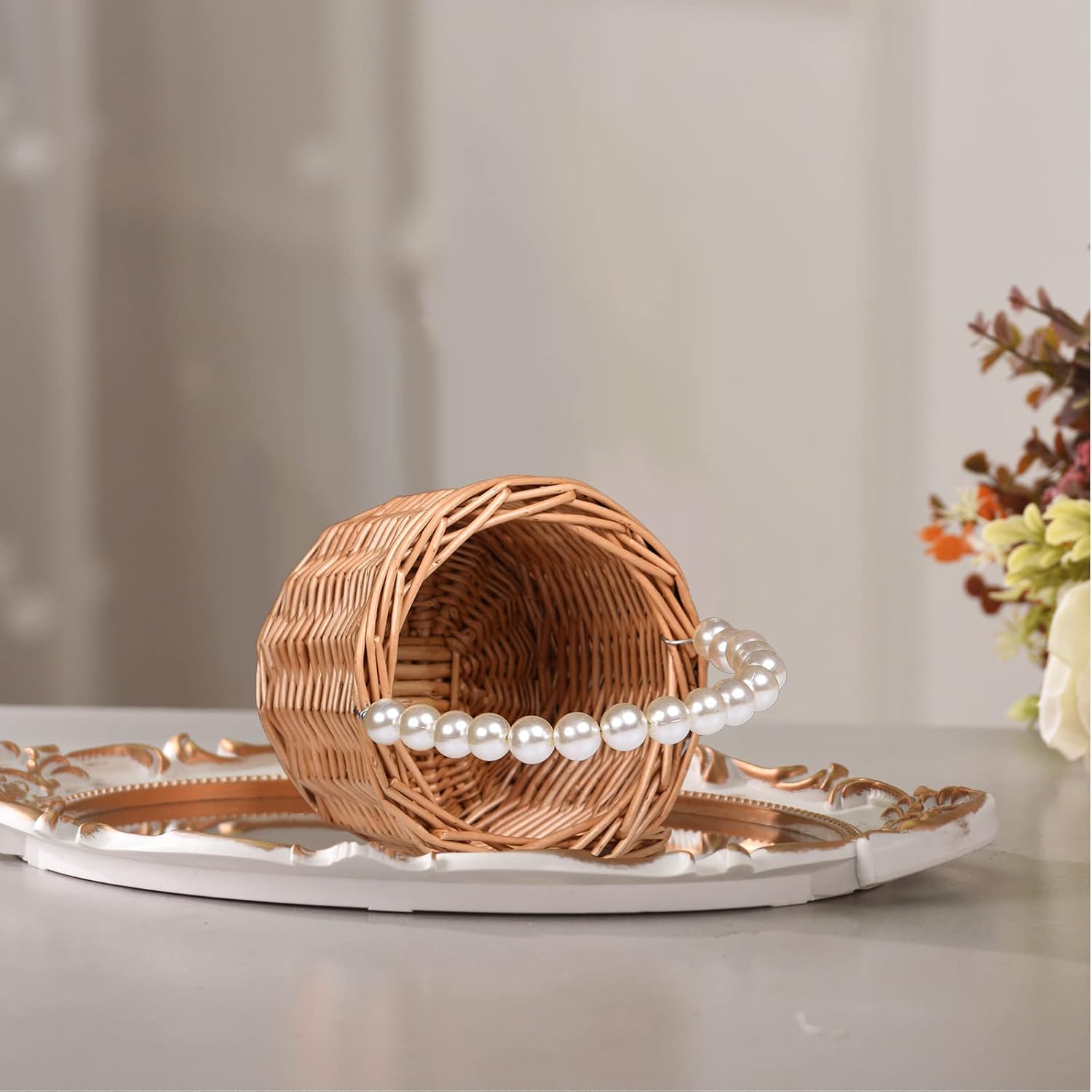 Wicker Rattan Flower Girl Basket with Pearl Handle