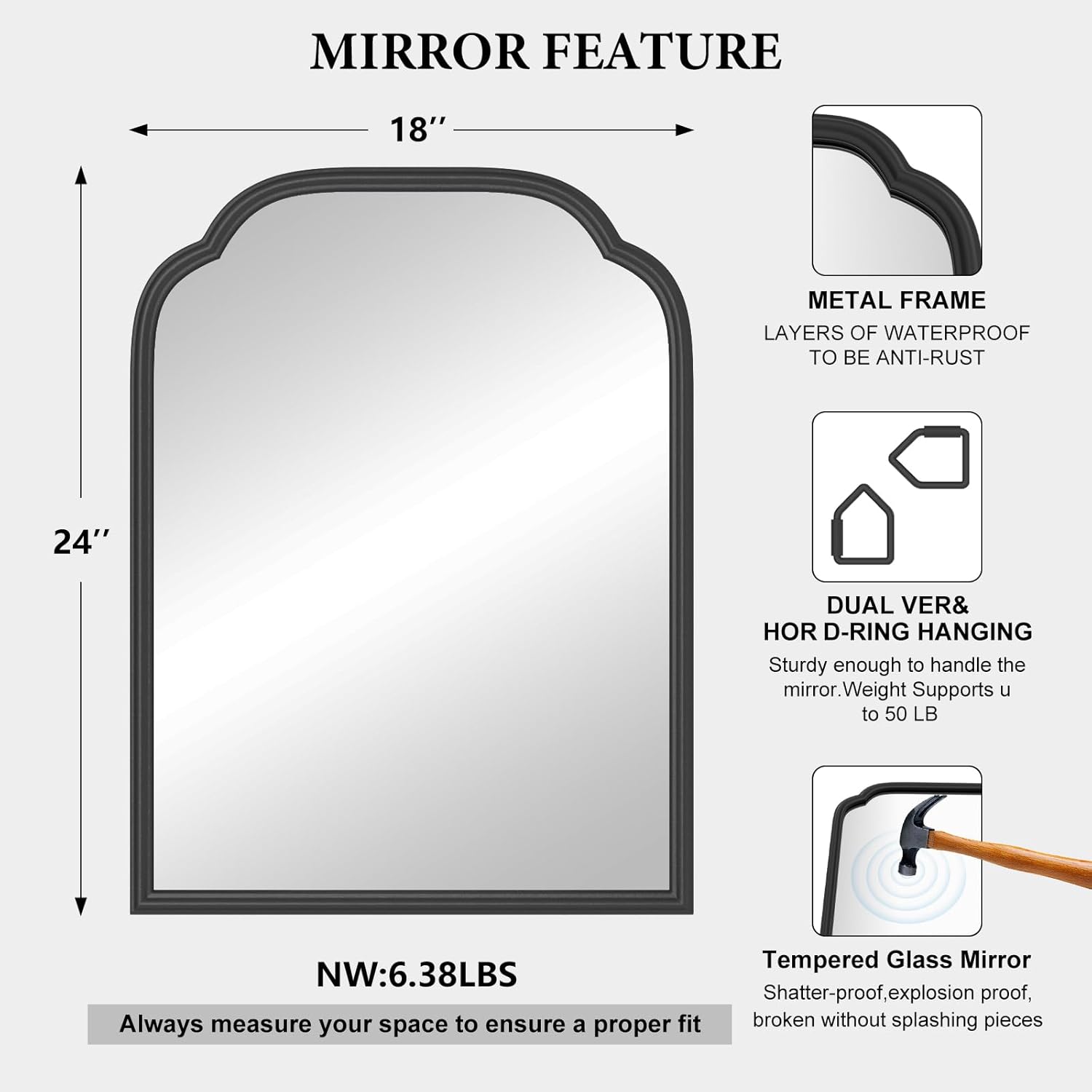 18x24 Inch Black Wall Mirror with Metal Frame
