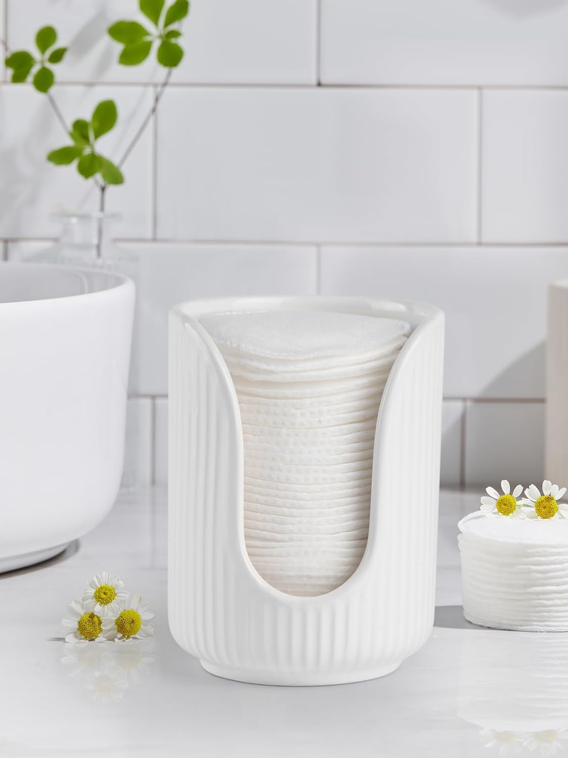 Elegant Striped Ceramic Cup Dispenser for Vanity Countertop