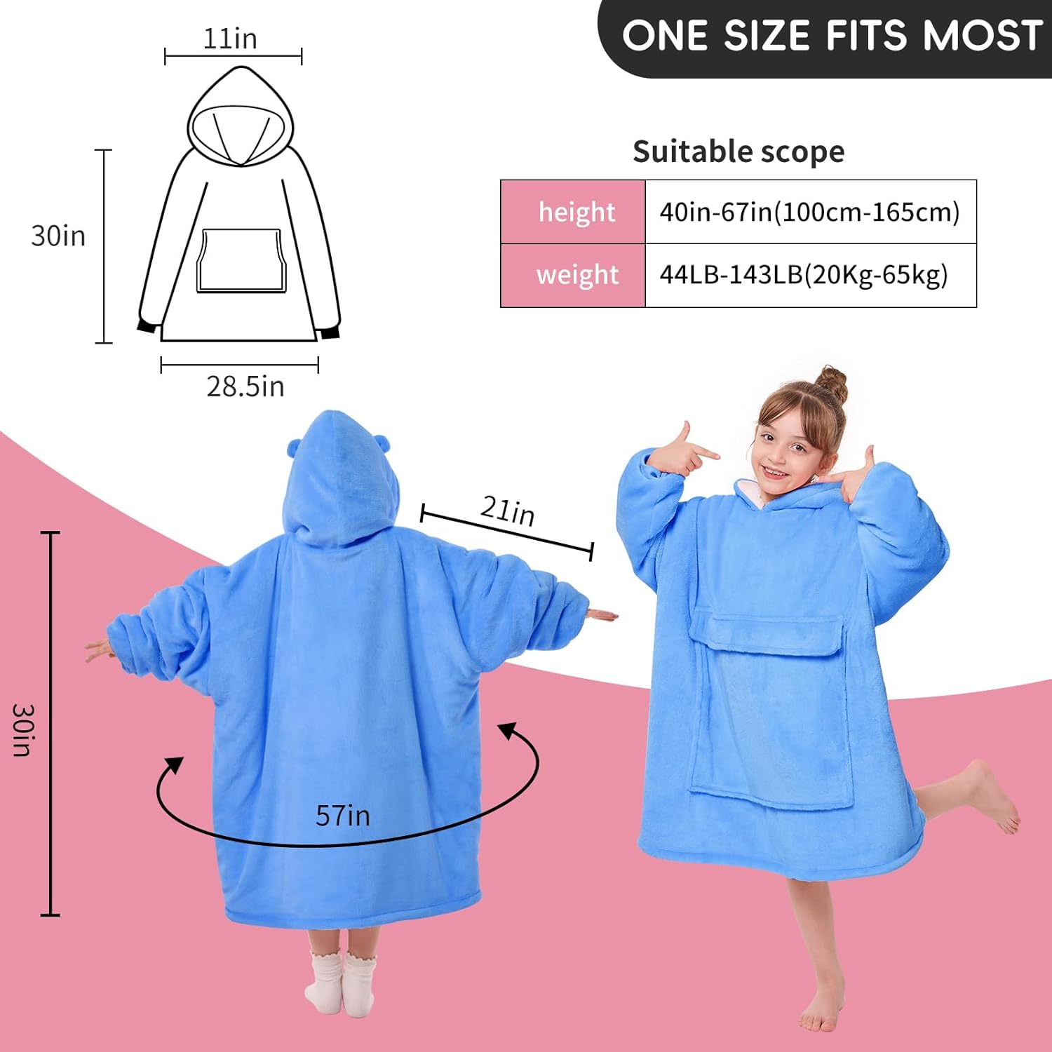 Yescool Wearable Blanket Hoodie Kids Sky Blue One Size