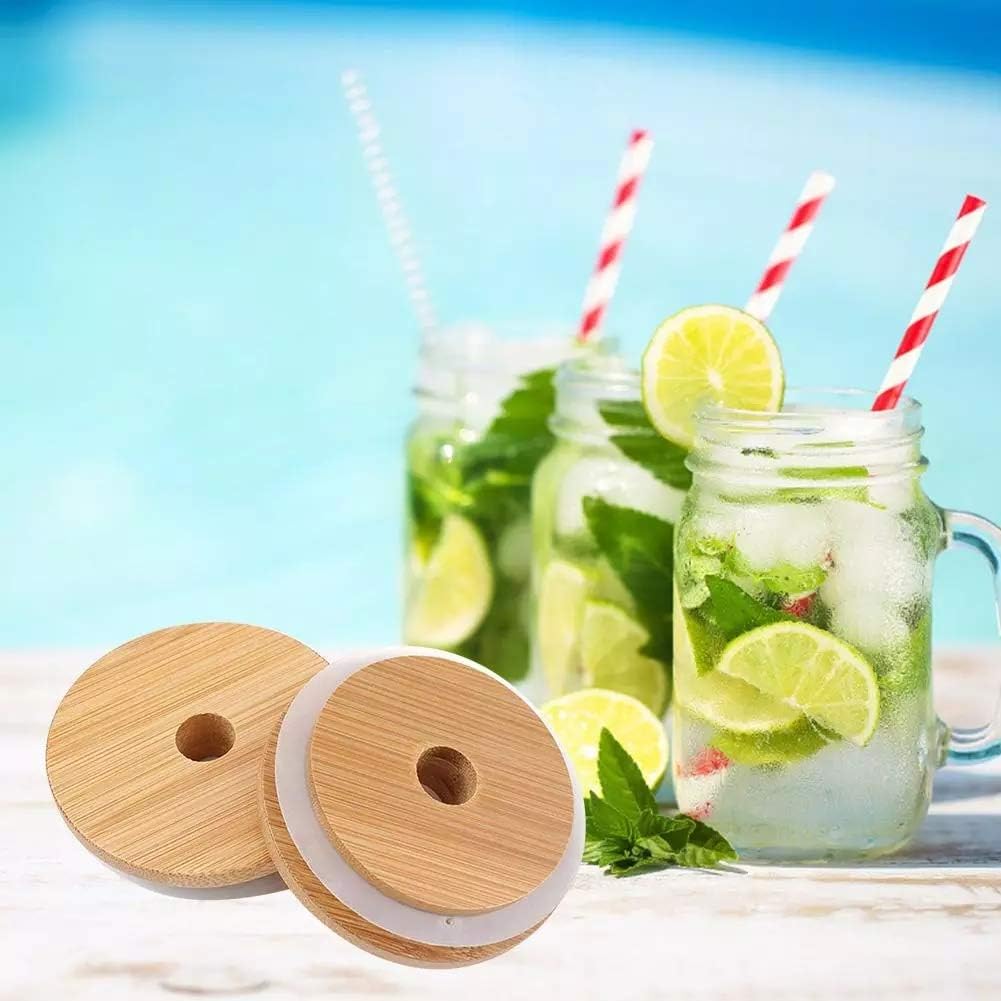 TOUSHI 4Pcs Bamboo Mason Jar Lids with Straw Hole Reusable Leak-Proof Caps