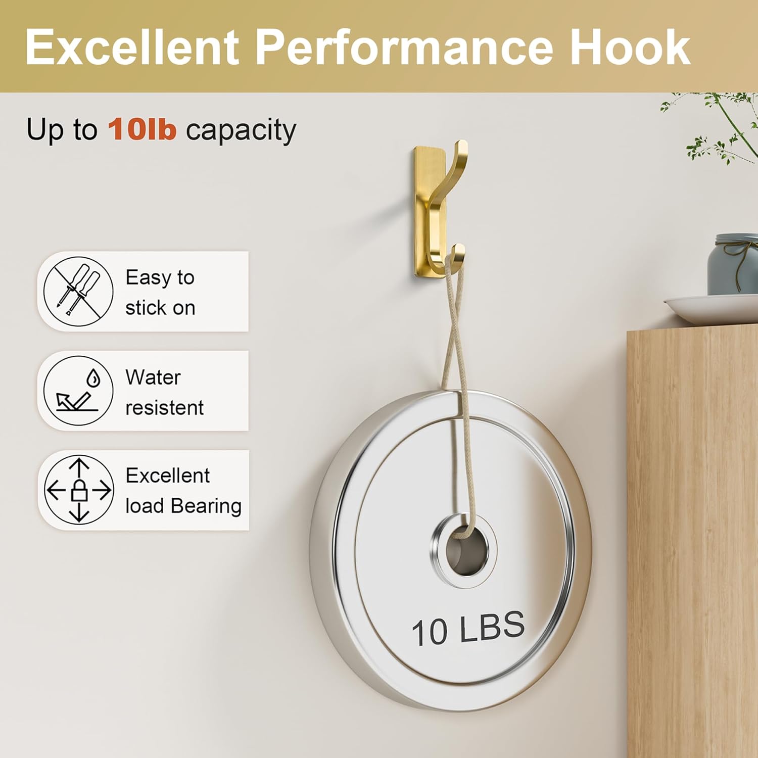 Self Adhesive Wall Hooks 4 Pack Gold Metal