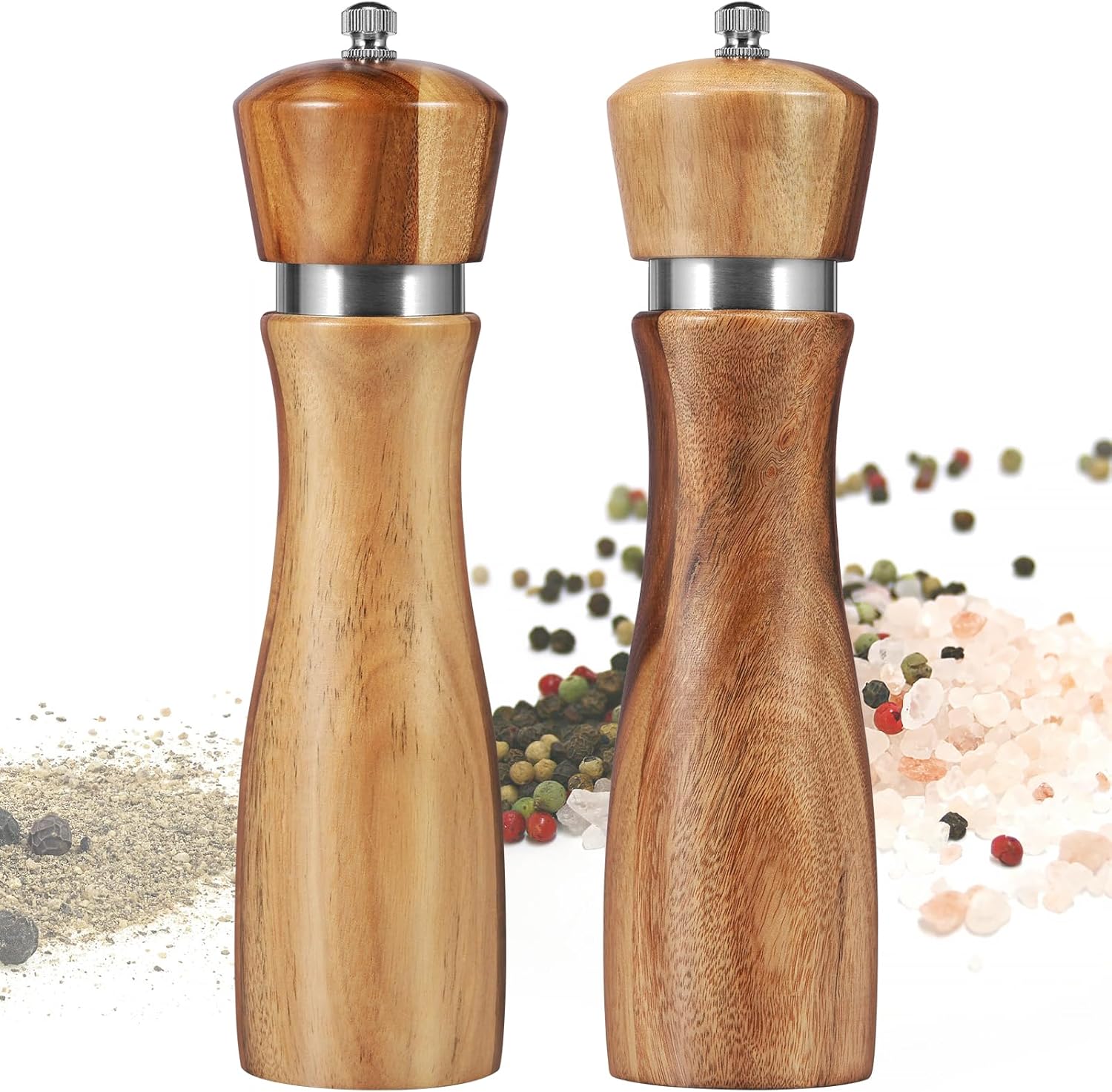 2Pcs Wood Salt and Pepper Grinder Set with Adjustable Coarseness
