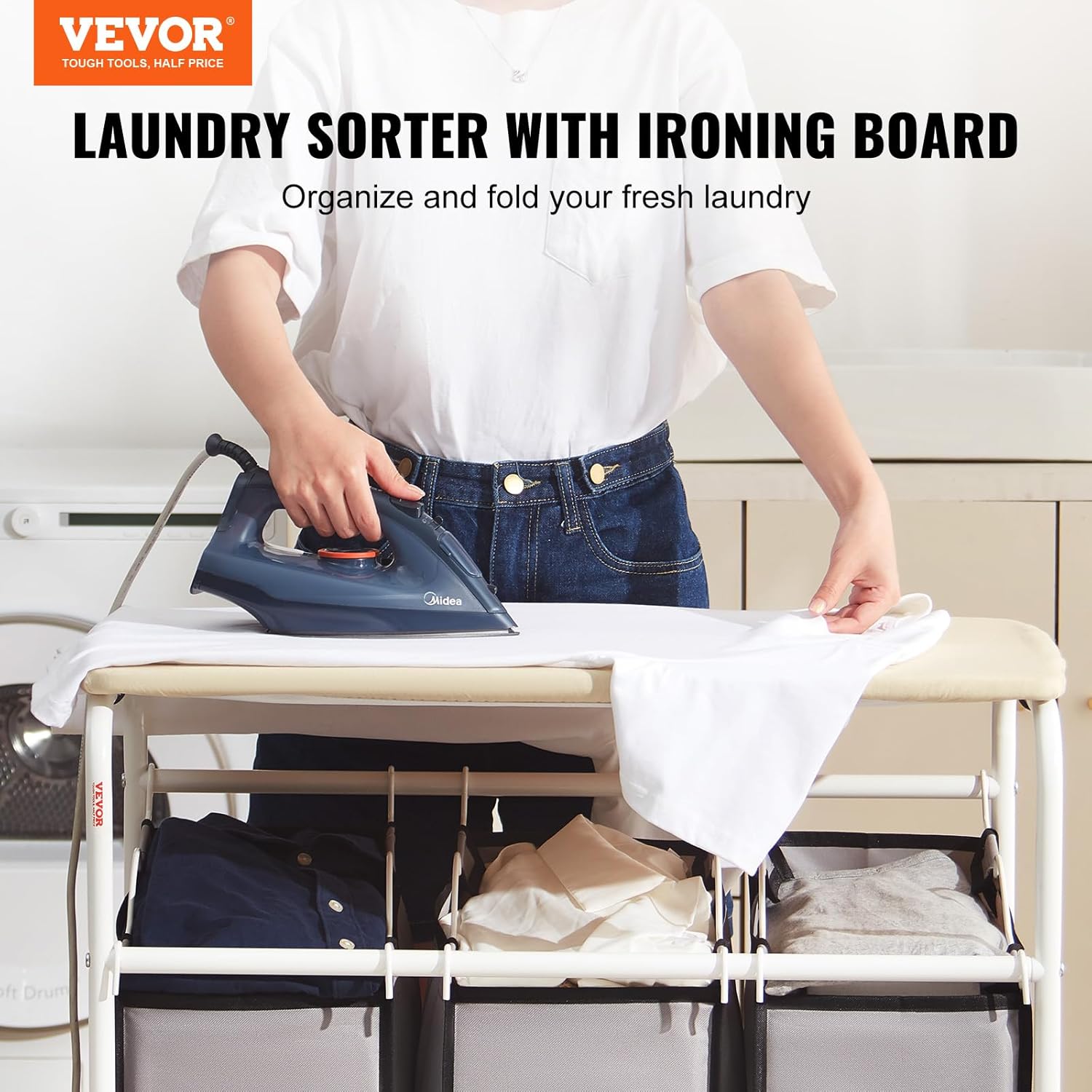 VEVOR 3-Section Laundry Sorter Cart with Ironing Board