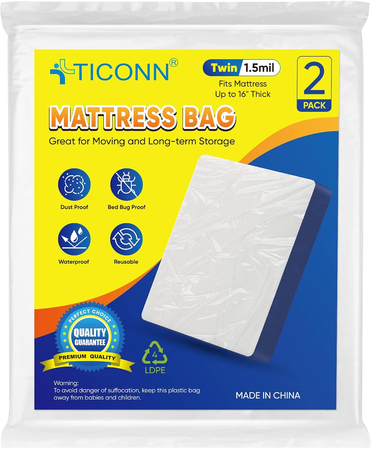 Ticonn 2pk Plastic Mattress Bag Waterproof Heavy Duty