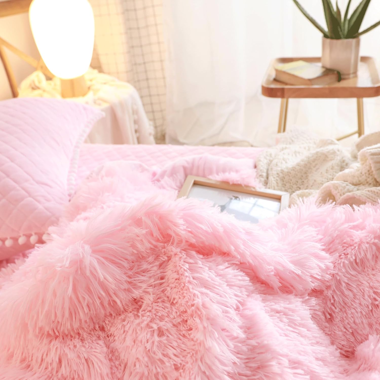 Fluffy Pink Duvet Cover Twin Set with Furry Pillow Cases
