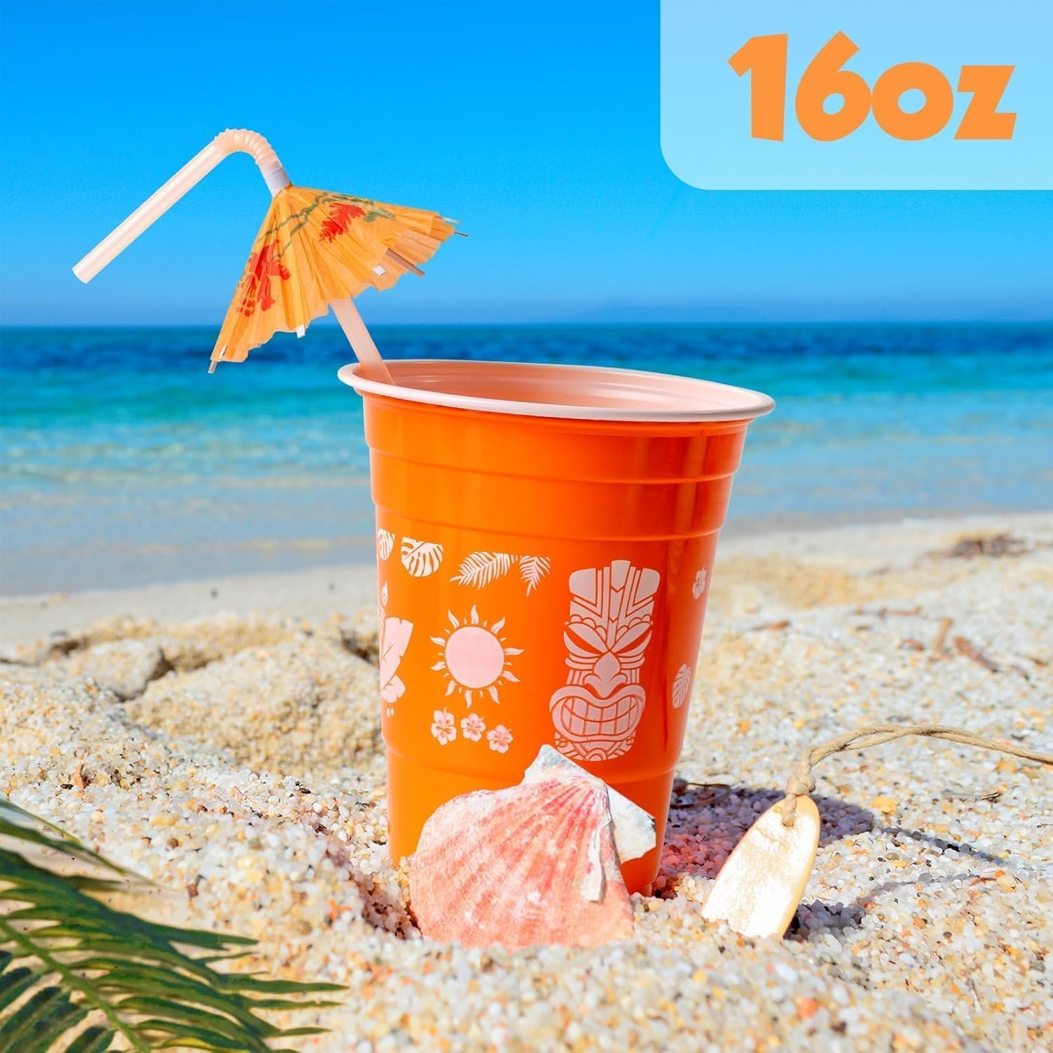 50 Hawaiian Luau Party Cups with Parasol Straws 16OZ