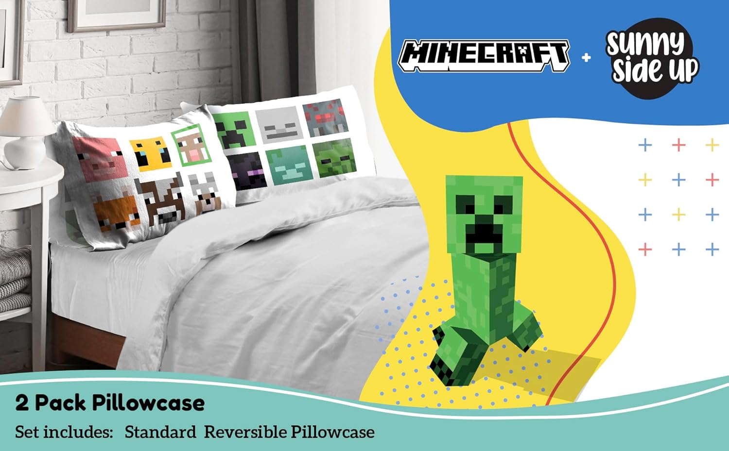 Sunny Side Up Minecraft Mobs Animals Reversible Pillowcases Double Sided Covers Kids Bedding