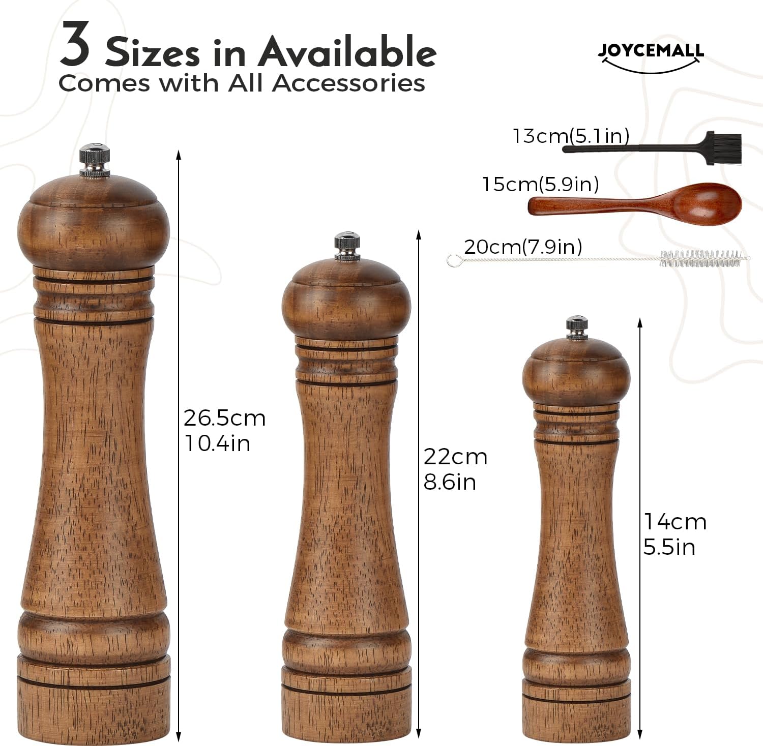 10 Inch Wood Salt and Pepper Grinder Set with 6 Pieces