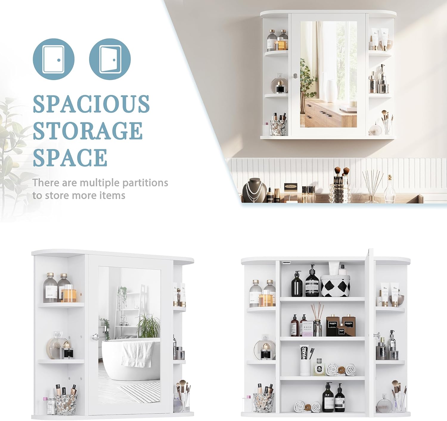 Shintenchi White Bathroom Wall Cabinet with Mirror