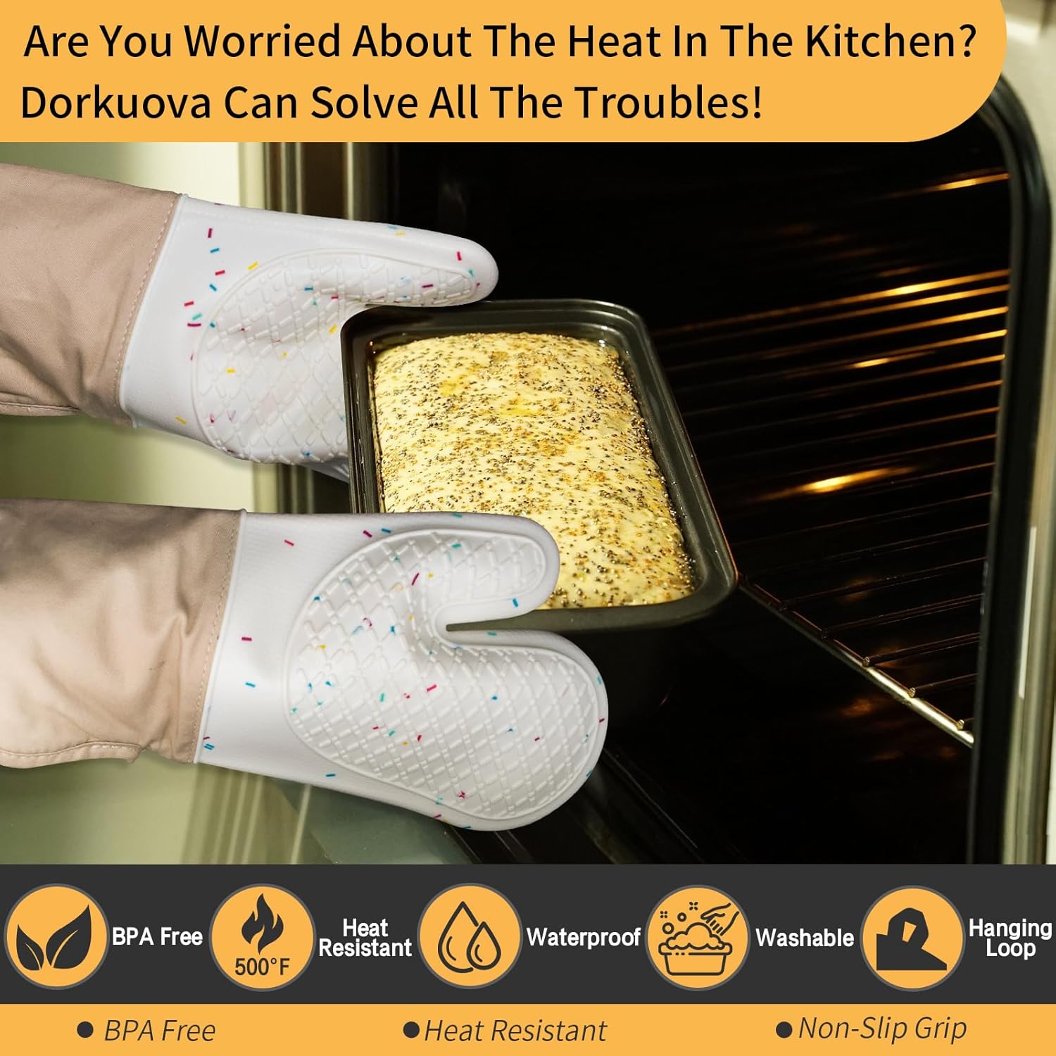 Dorkuova Heat Resistant Oven Mitts 500F Non-Slip Washable