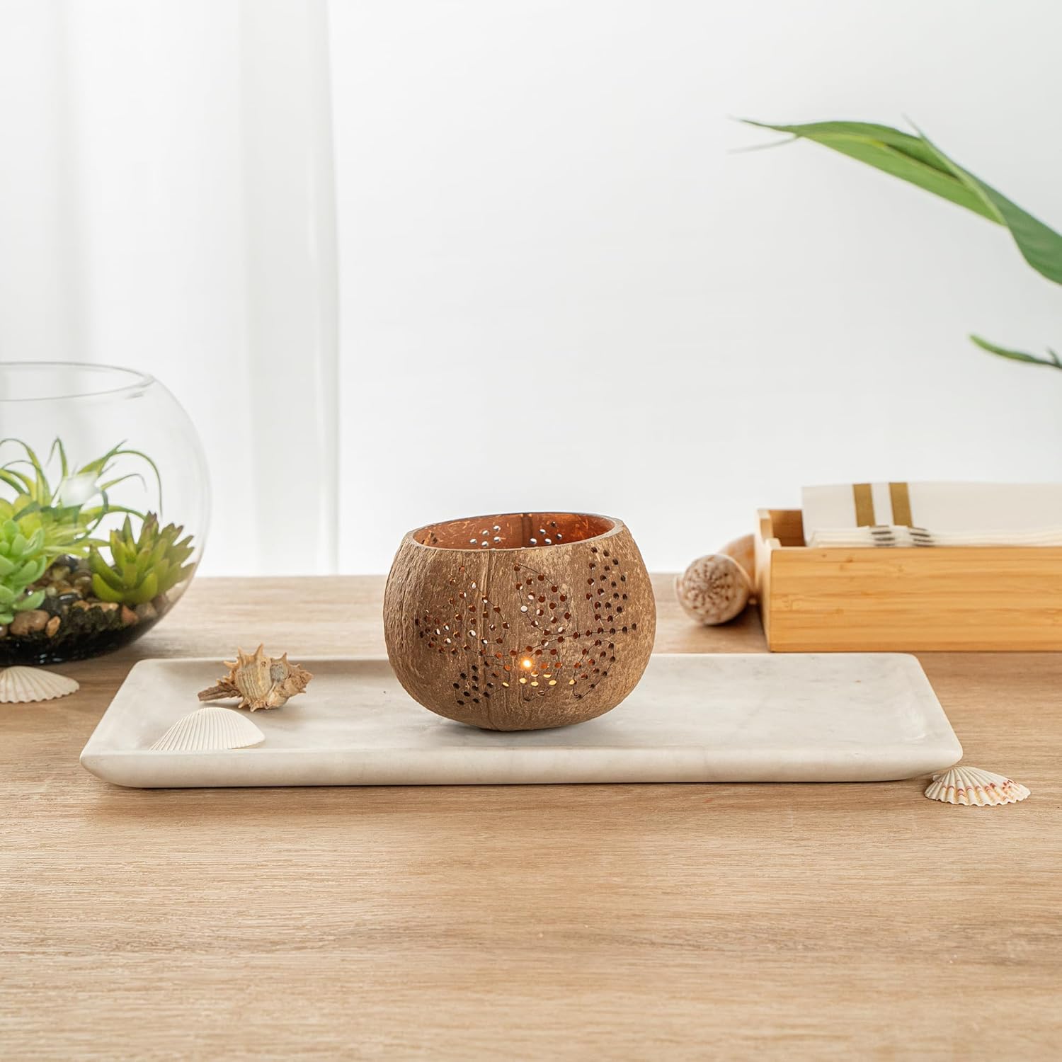 Restaurantware Coco Casa Coconut Shell Candle Holders Leaf Pattern Reusable 4x33 Inch