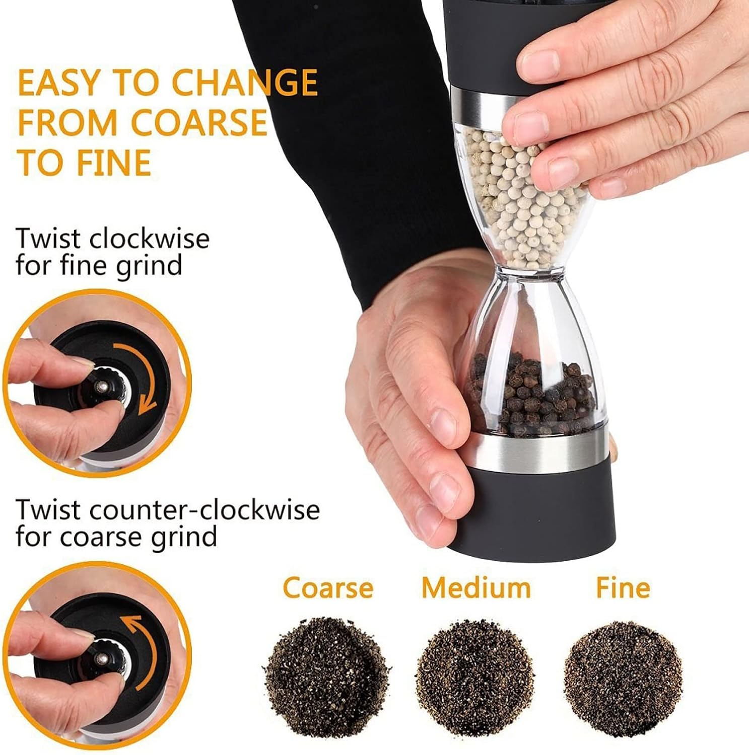 Salt and Pepper Mill Grinder Set 2 in 1 Double Head Refillable