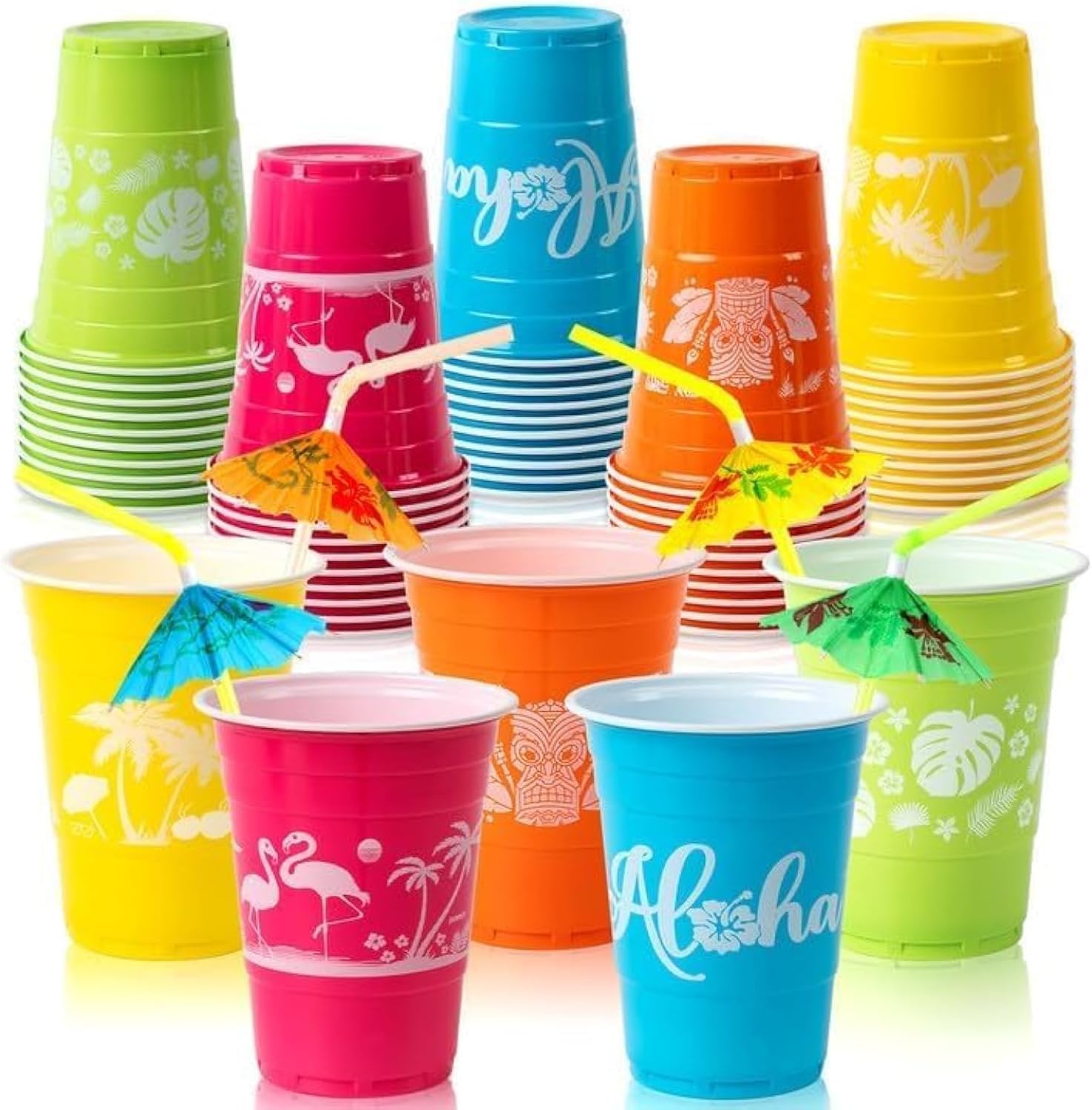 50 Hawaiian Luau Party Cups with Parasol Straws 16OZ