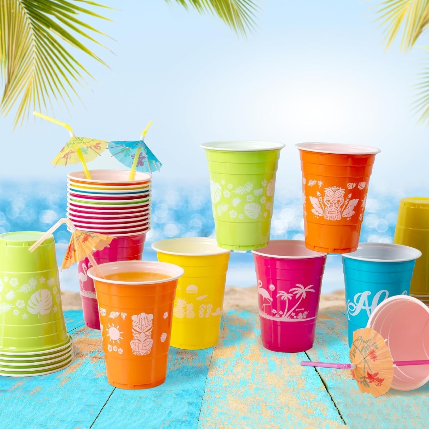 50 Hawaiian Luau Party Cups with Parasol Straws 16OZ