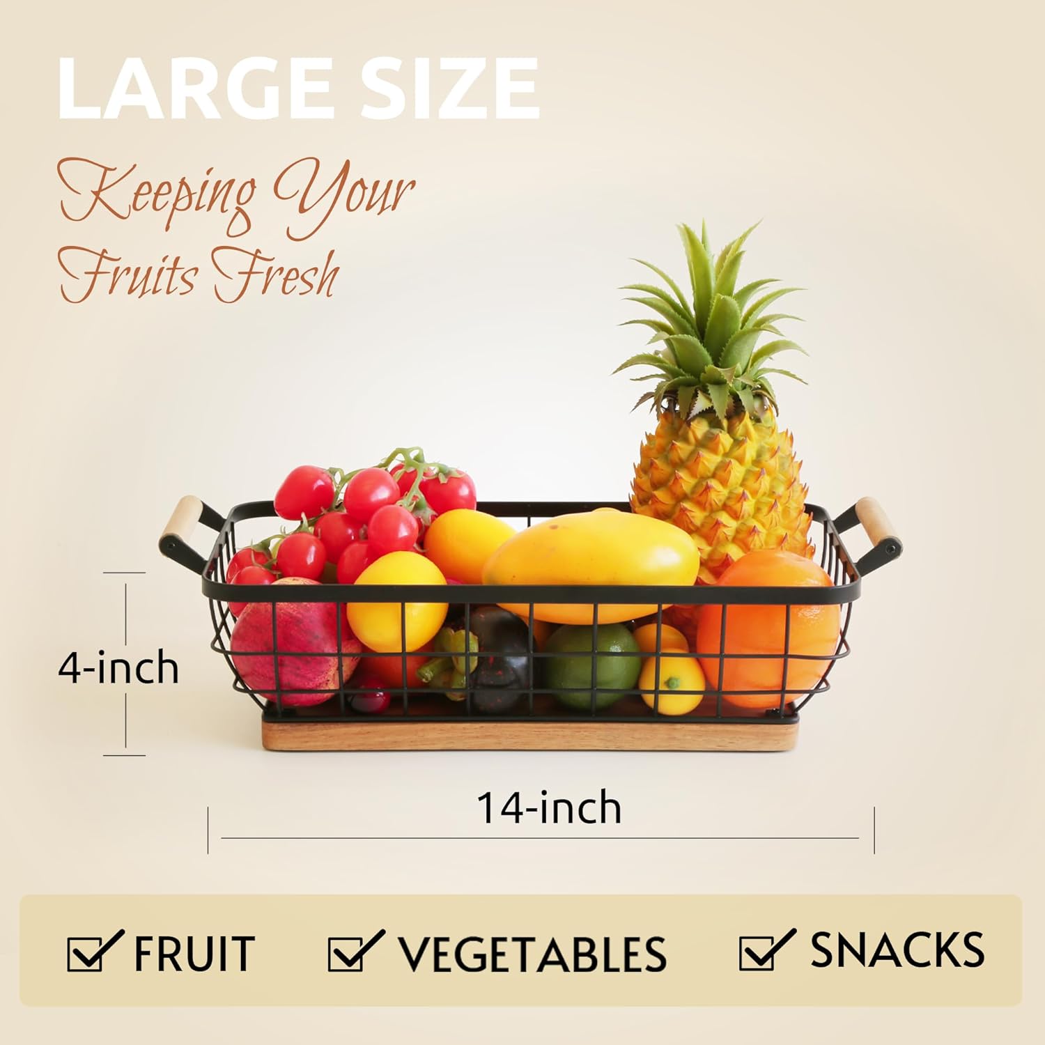 WILDMOS Rectangular Fruit Basket with Banana Hanger and Metal Wire Frame