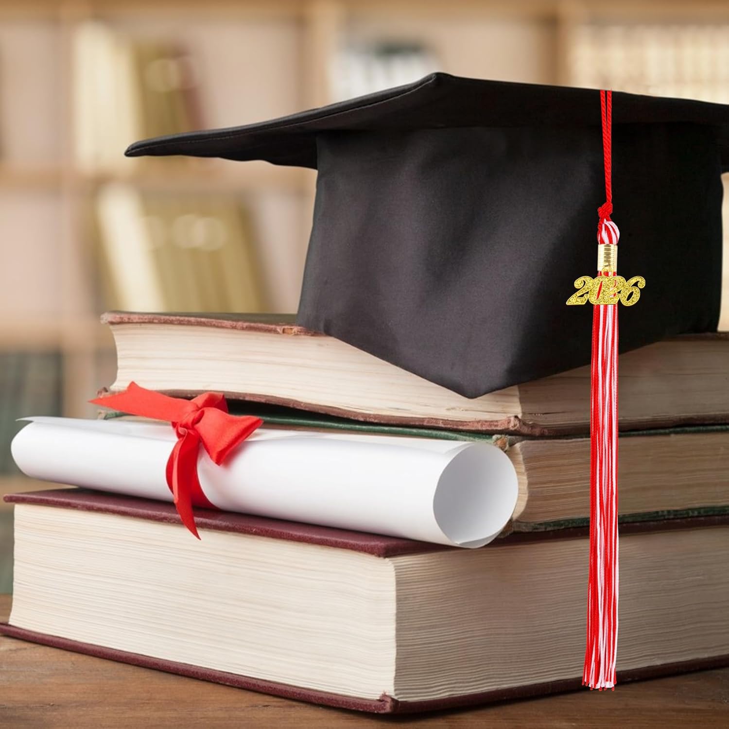 2026 Red White Graduation Tassel with Golden Charm