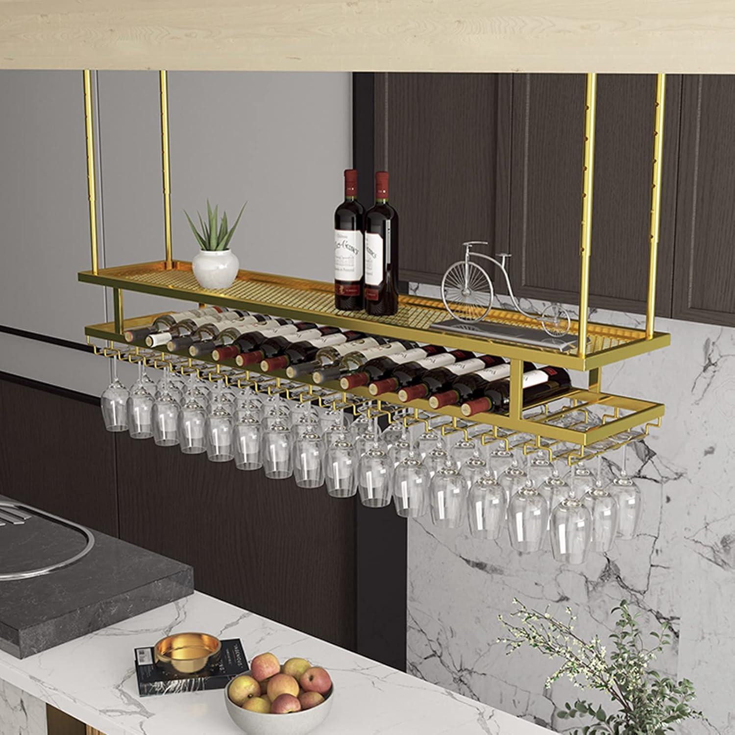 DASHADAO Ceiling Hanging Wine Glass Rack 2 Layer