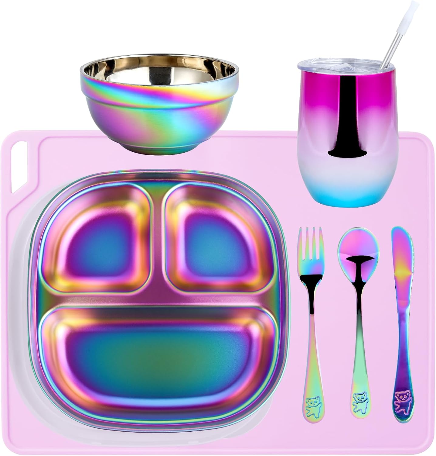 Stainless Steel Plates Set with Green Placemats