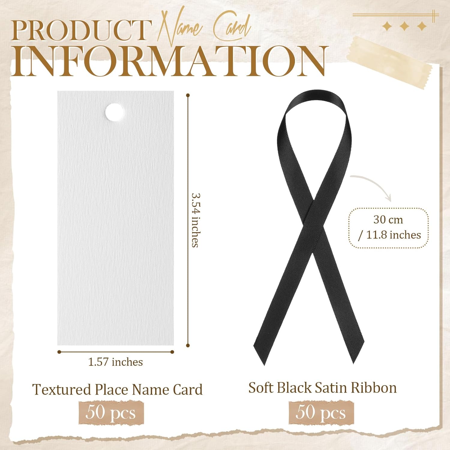50 Pcs Black Place Cards with Satin Ribbons for Wedding Banquet