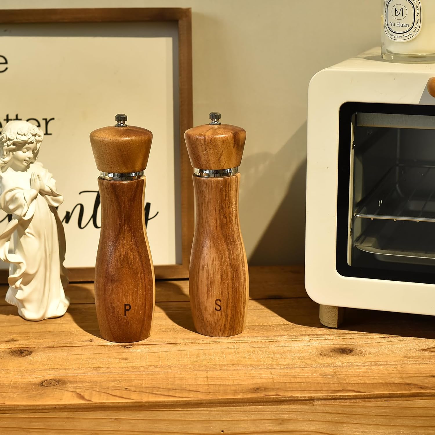 Acacia Wood Salt and Pepper Mill Set with Adjustable Spindles