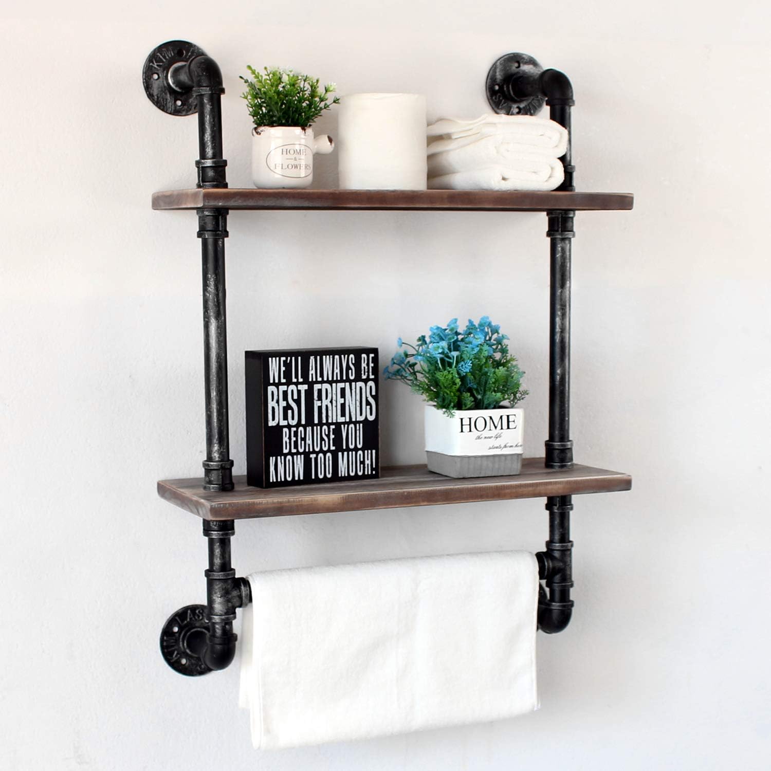 Retro Grey Industrial Pipe Bathroom Shelf Towel Rack 2 Tier