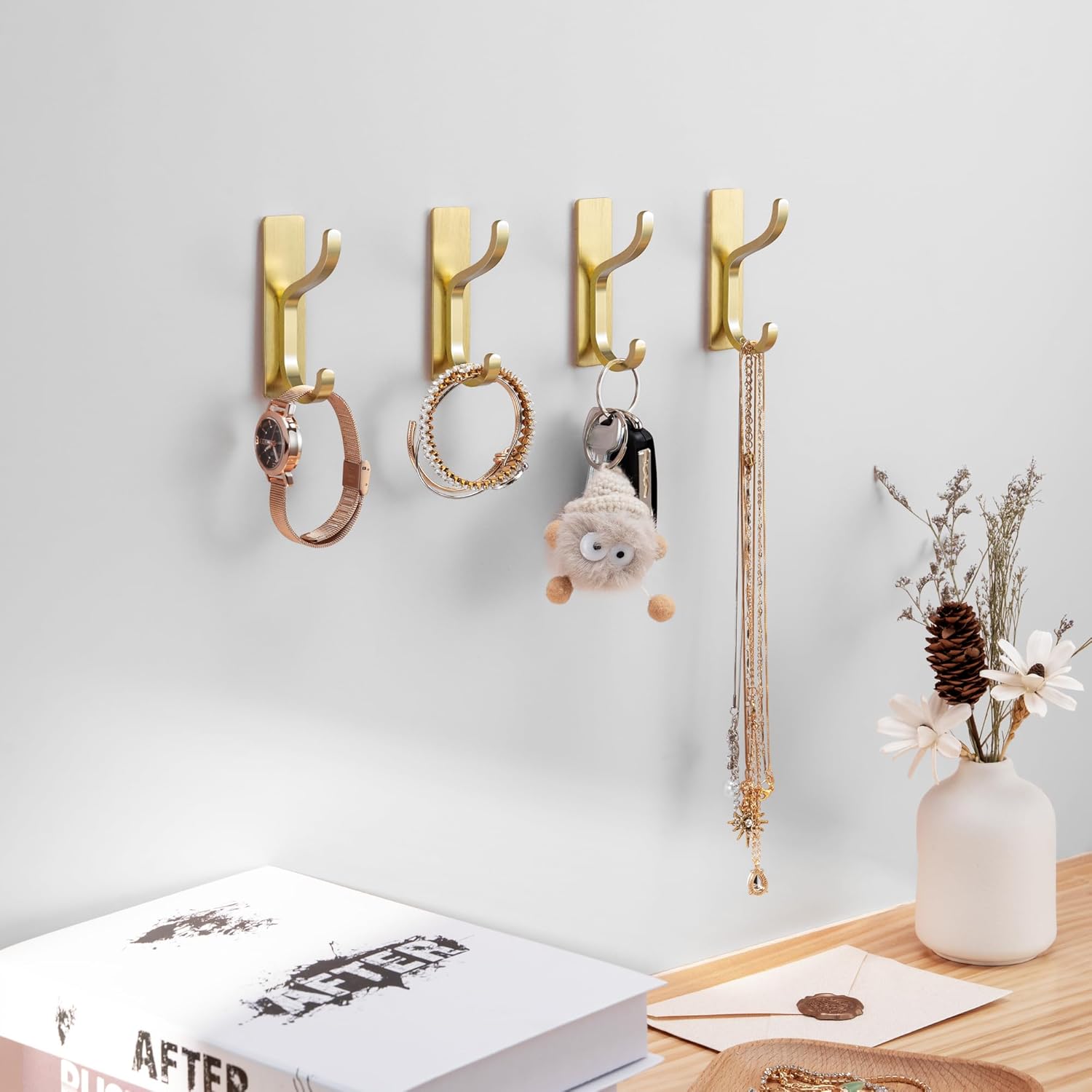 Self Adhesive Wall Hooks 4 Pack Gold Metal