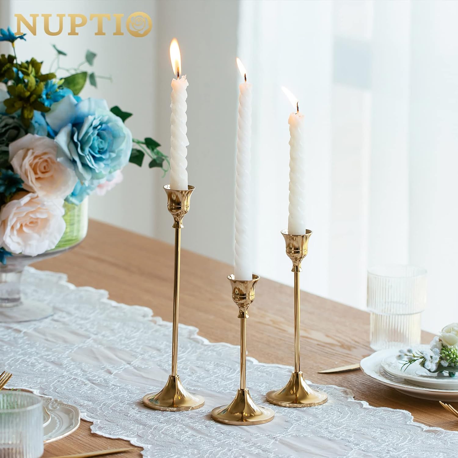 NUPTIO Brass Gold Candlestick Holder Set of 3