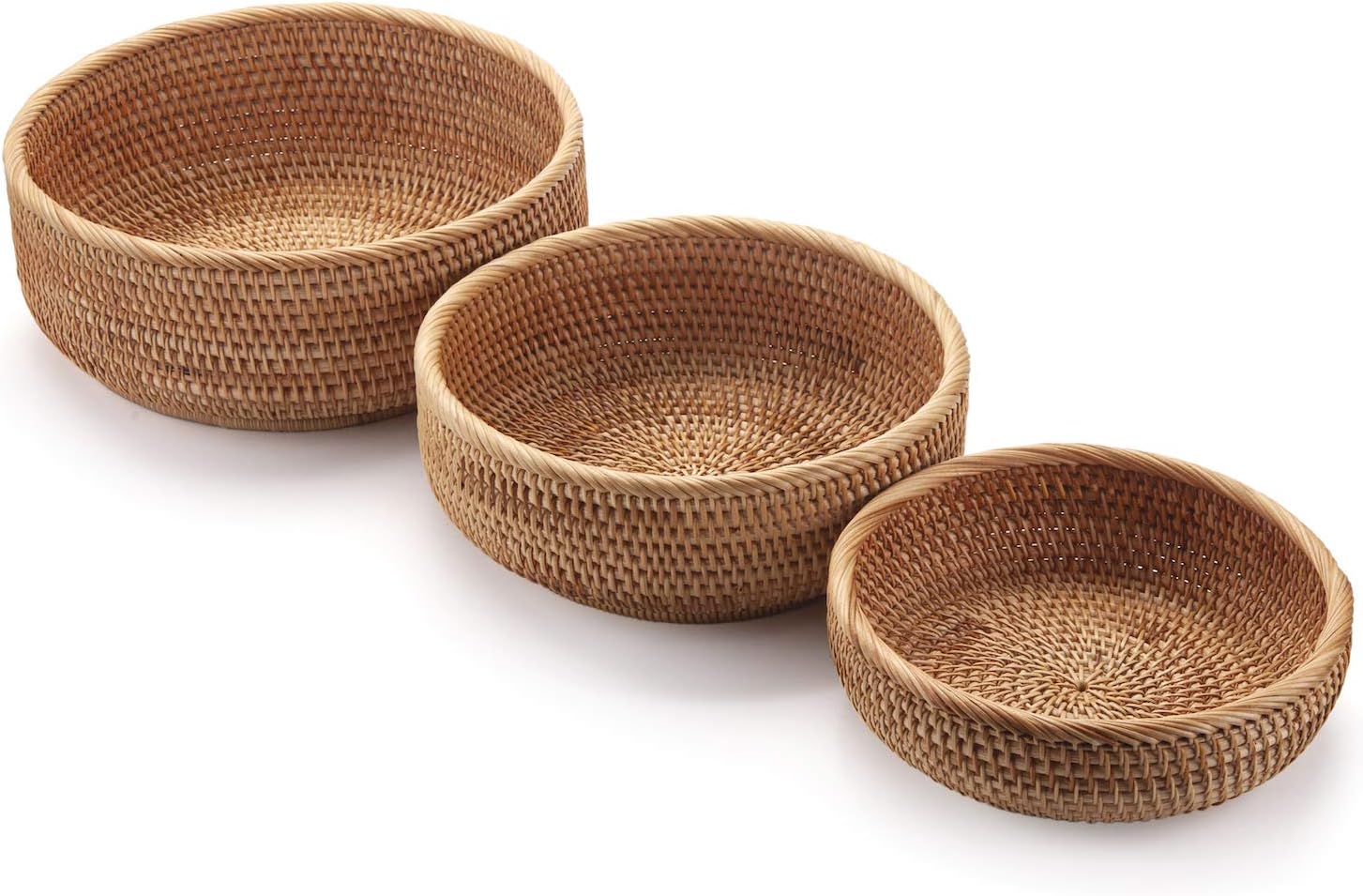 DECRAFTS Round Rattan Fruit Baskets Stackable Set of 3